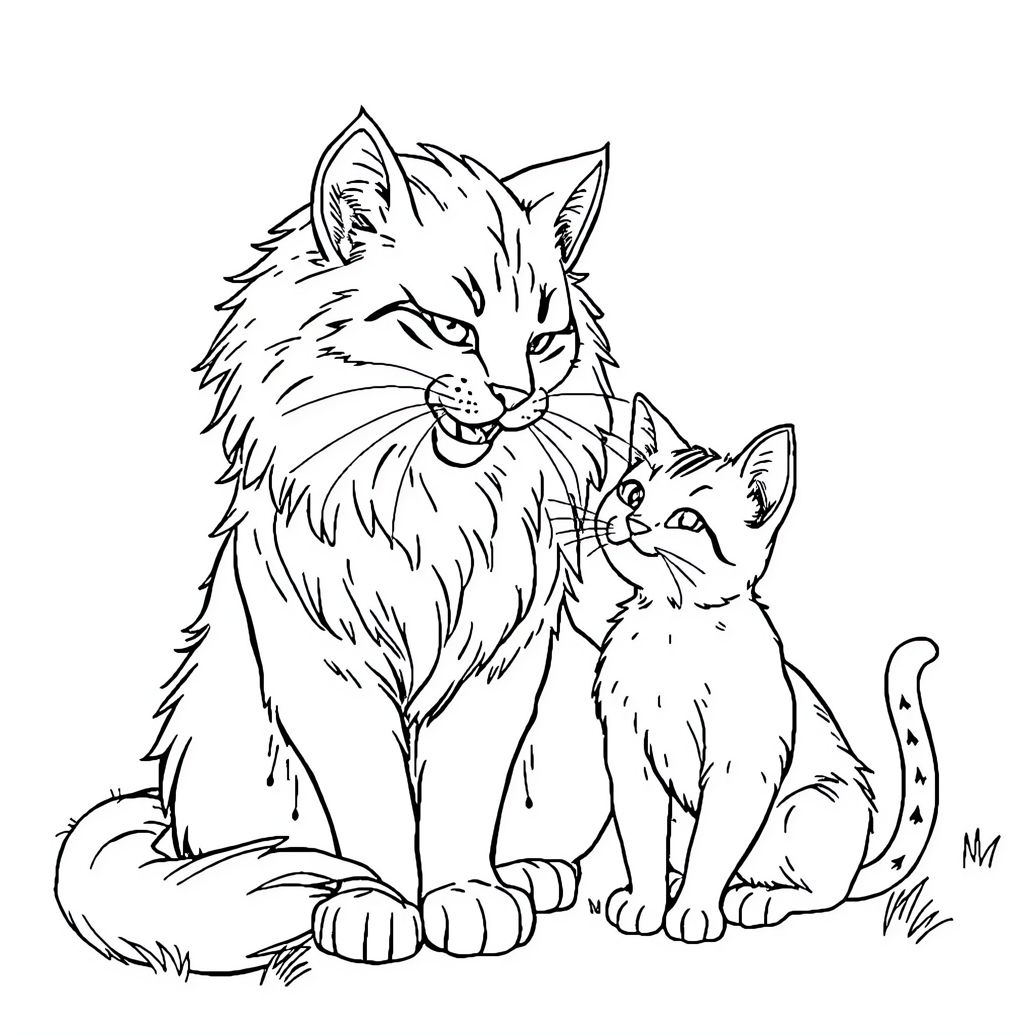 Parrot-like cats sitting on grass Coloring Page (free black-and-white line drawing printable PDF for all, from beginners to advanced learners, including children, teens, adults, and seniors)