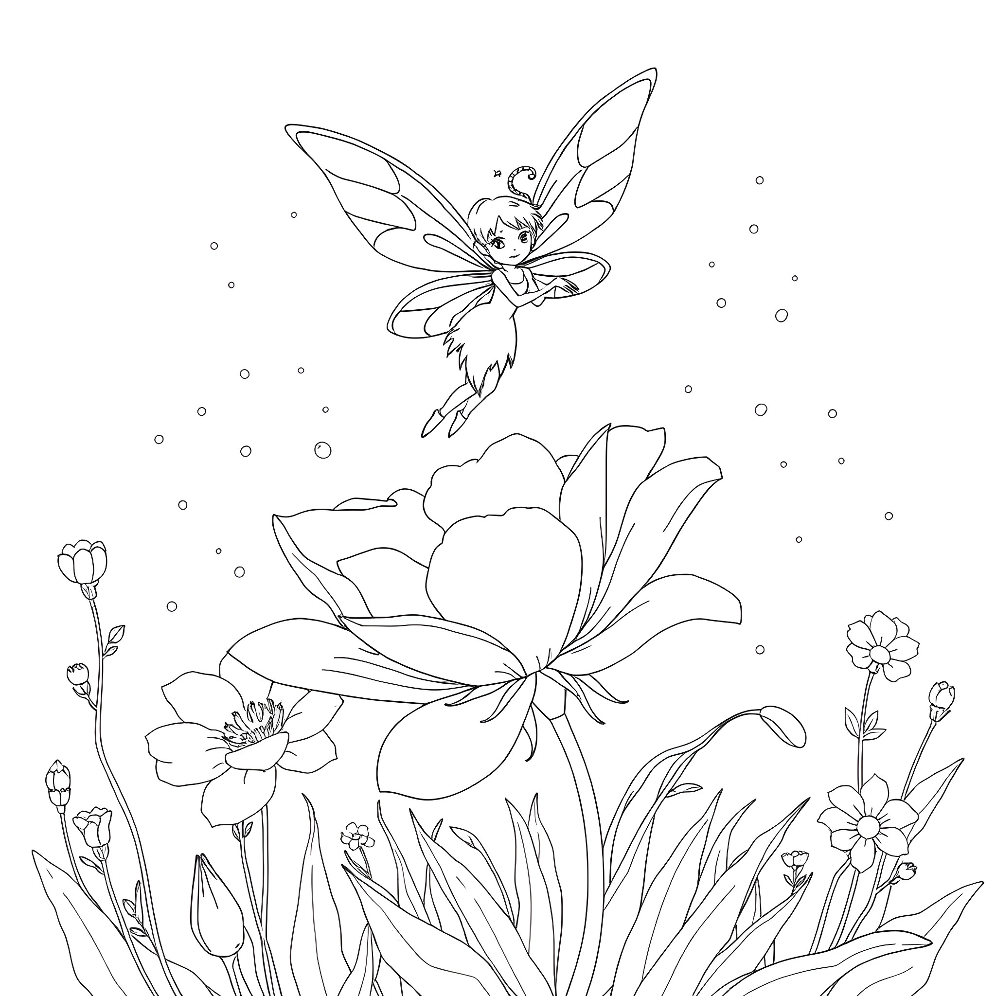 Fairy flying amidst blooming flowers in nature Coloring Page (free black-and-white line drawing printable PDF for all, from beginners to advanced learners, including children, teens, adults, and seniors)