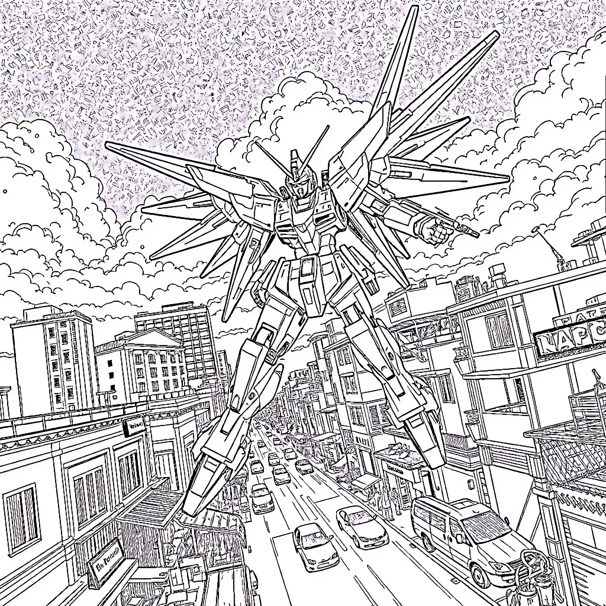 Strike Freedom Gundam Soaring through the Cityscape Coloring Page (free black-and-white line drawing printable PDF for all, from beginners to advanced learners, including children, teens, adults, and seniors)