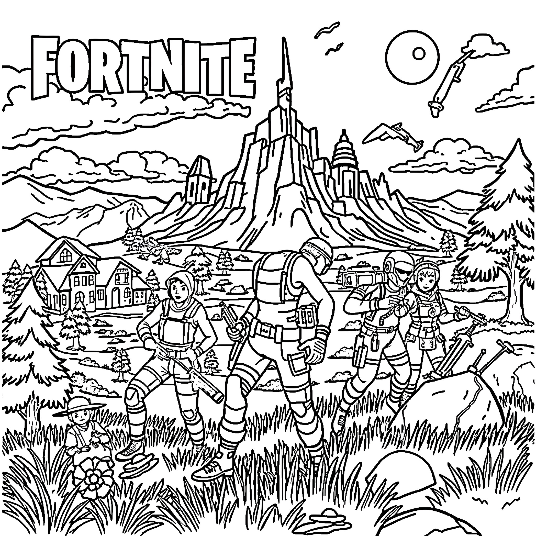 Fortnite characters exploring the game's landscape Coloring Page (free black-and-white line drawing printable PDF for all, from beginners to advanced learners, including children, teens, adults, and seniors)