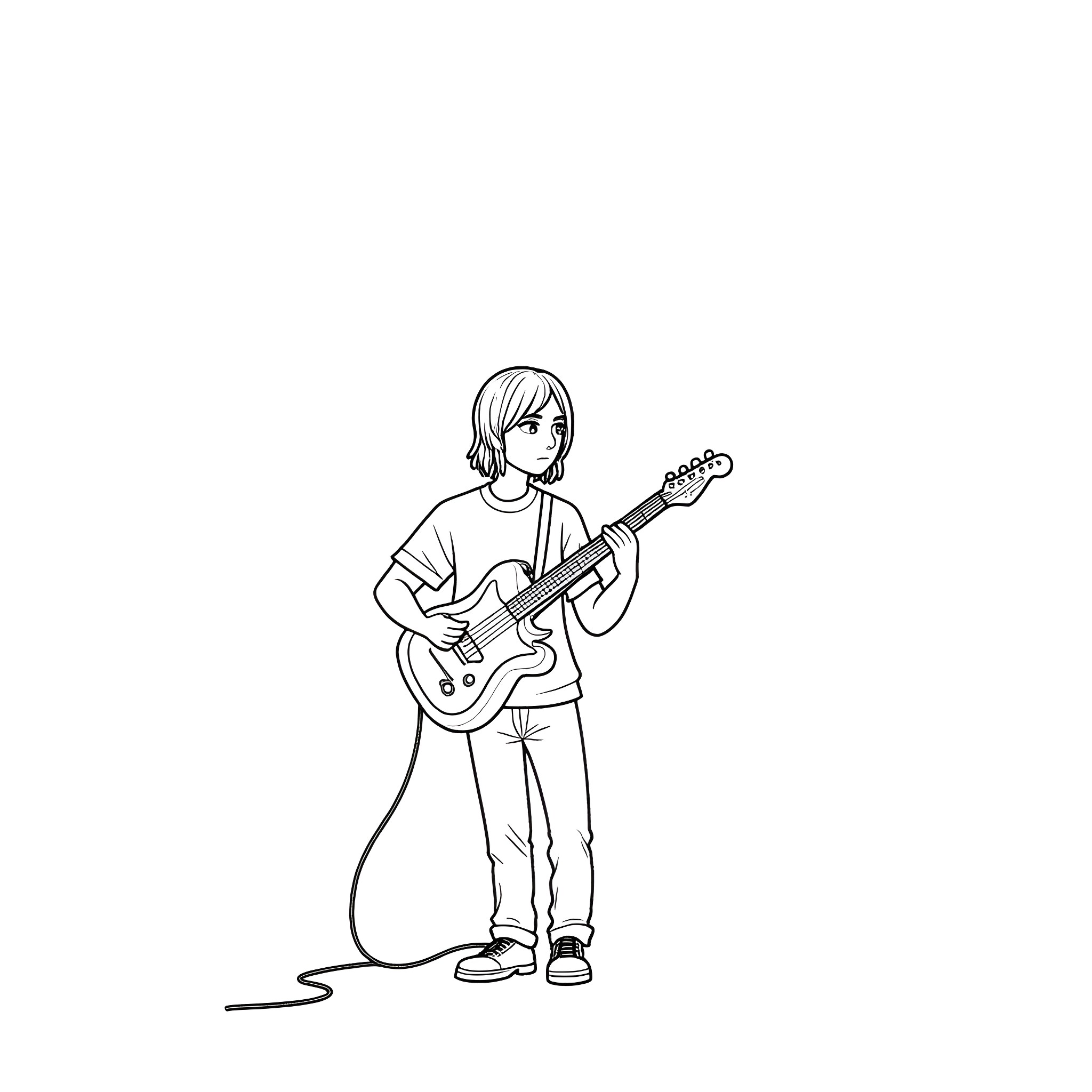Kurt Cobain playing guitar in simple outline Coloring Page (free black-and-white line drawing printable PDF for all, from beginners to advanced learners, including children, teens, adults, and seniors)