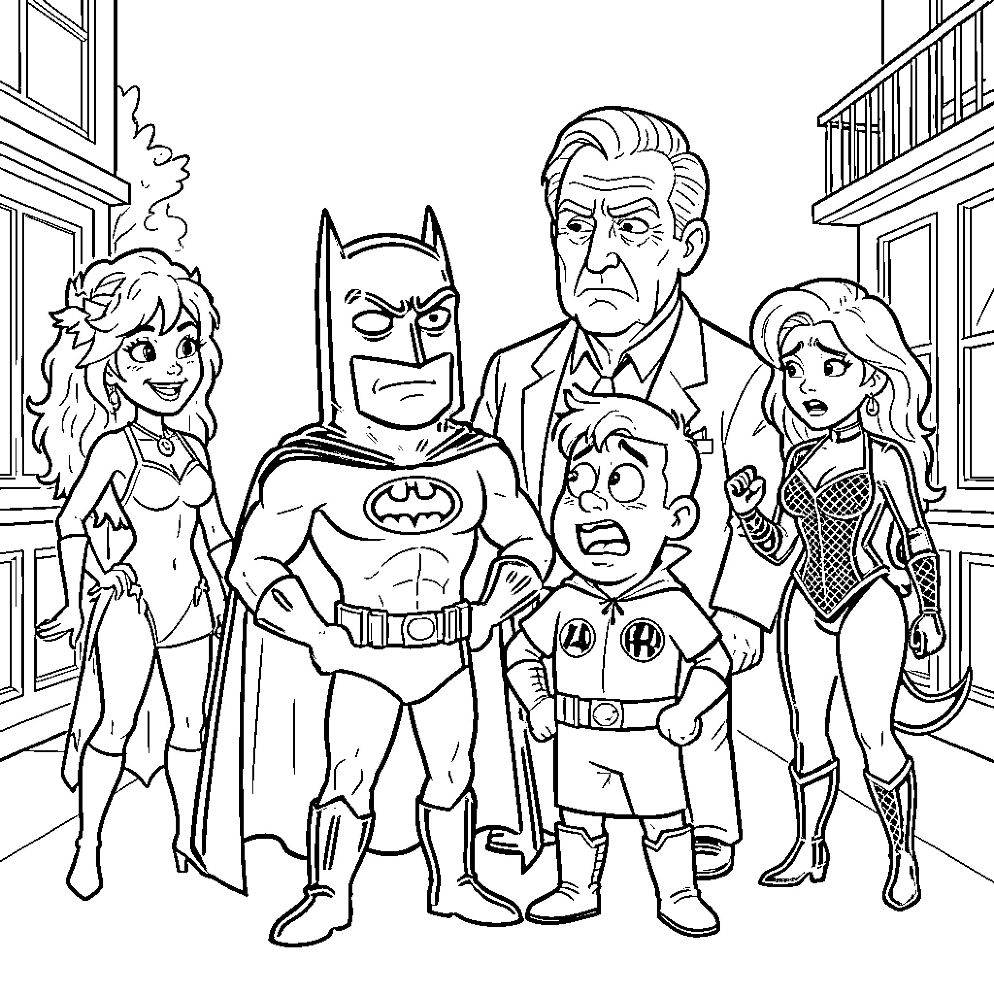 Roger superhero characters posing together in a city street Coloring Page (free black-and-white line drawing printable PDF for all, from beginners to advanced learners, including children, teens, adults, and seniors)