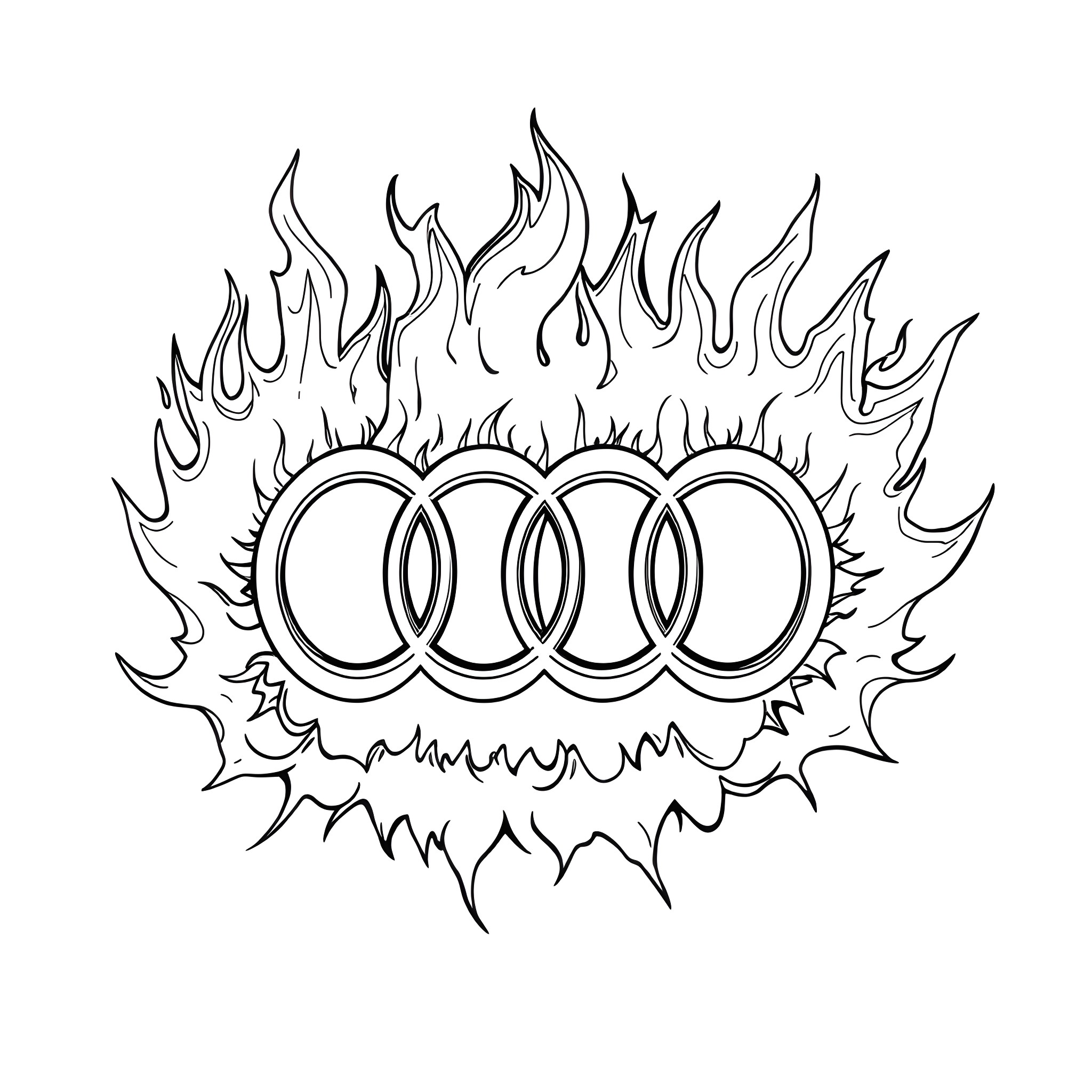 Audi logo engulfed in flames Coloring Page (free black-and-white line drawing printable PDF for all, from beginners to advanced learners, including children, teens, adults, and seniors)
