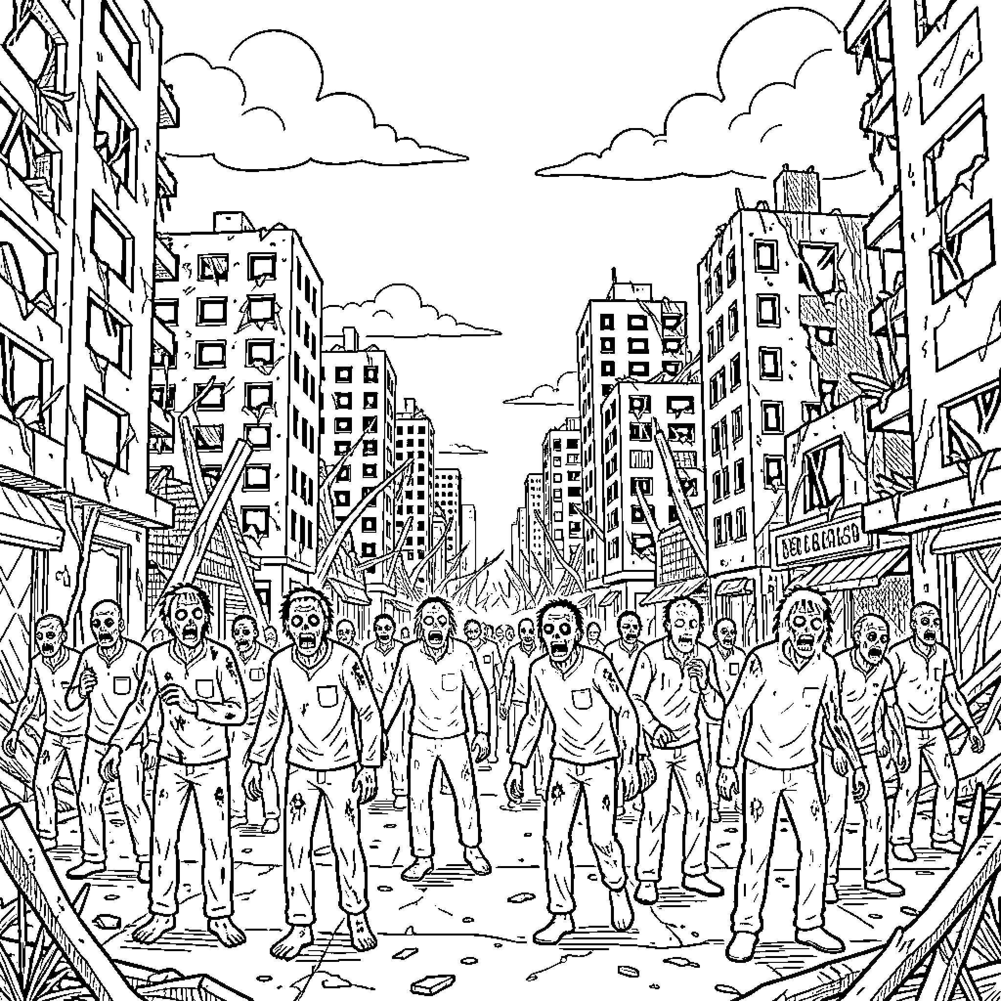 Zombie horde roaming the desolate city streets Coloring Page (free black-and-white line drawing printable PDF for all, from beginners to advanced learners, including children, teens, adults, and seniors)