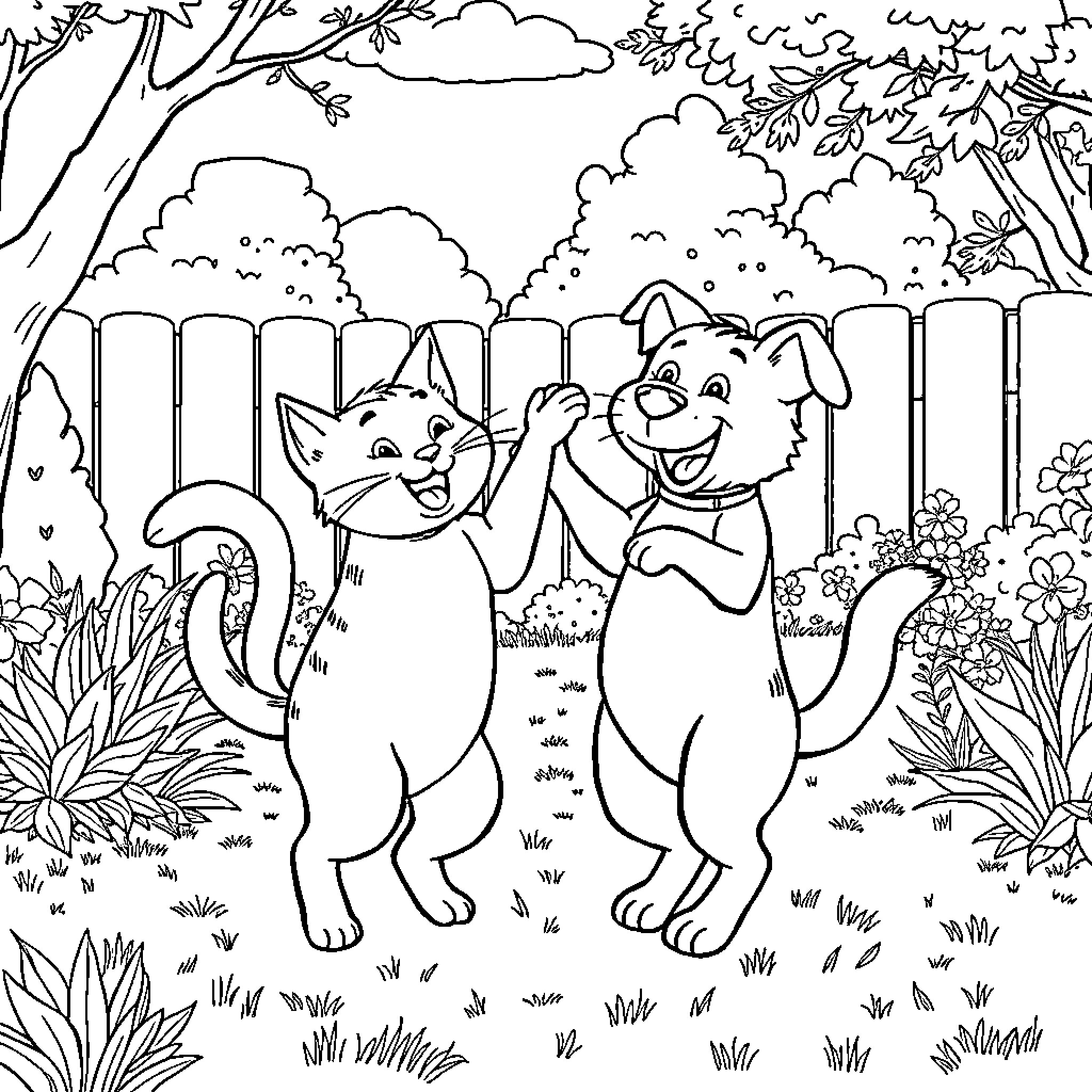 Cats Frolicking in the Garden Coloring Page (free black-and-white line drawing printable PDF for all, from beginners to advanced learners, including children, teens, adults, and seniors)