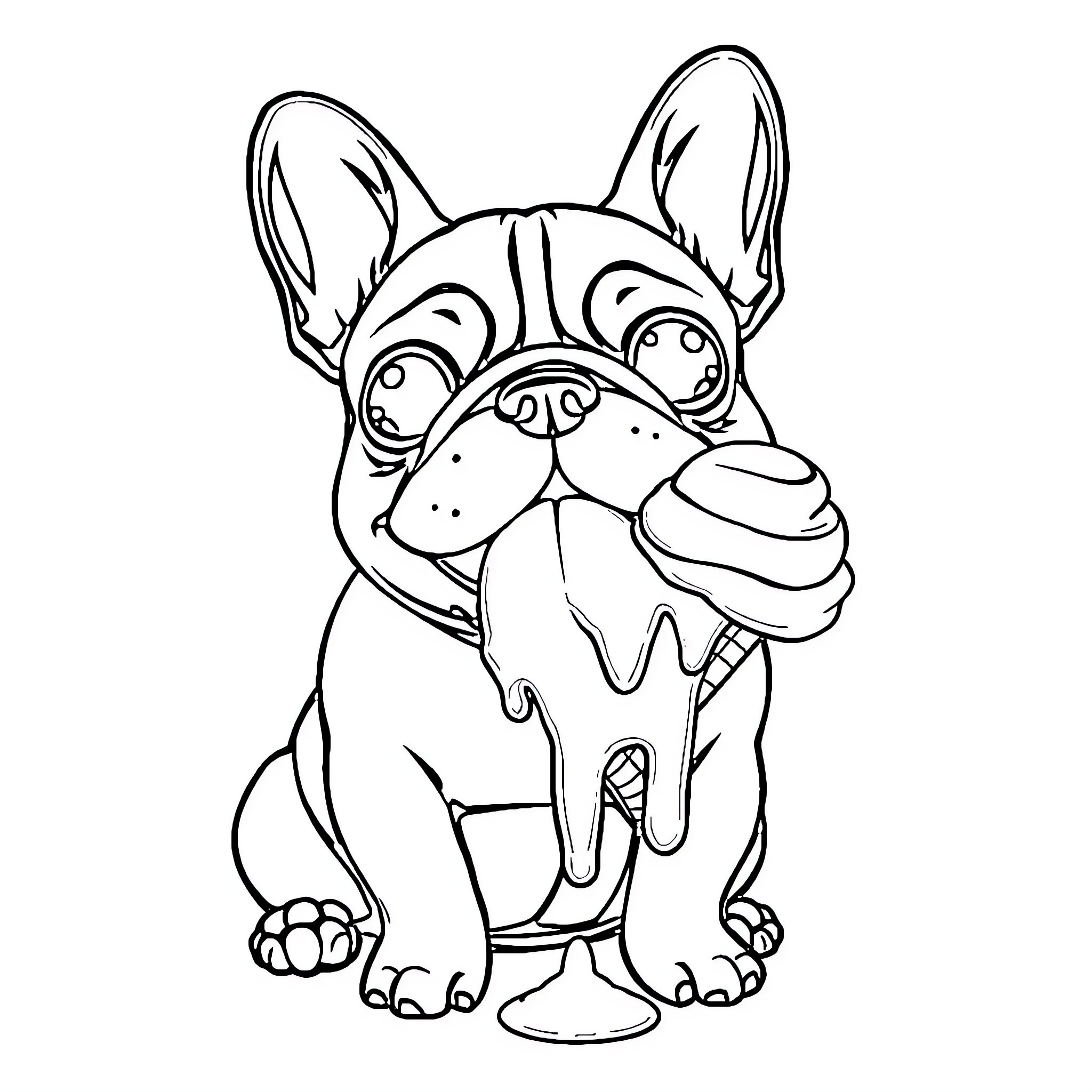 French Bulldog enjoying an ice cream cone Coloring Page (free black-and-white line drawing printable PDF for all, from beginners to advanced learners, including children, teens, adults, and seniors)