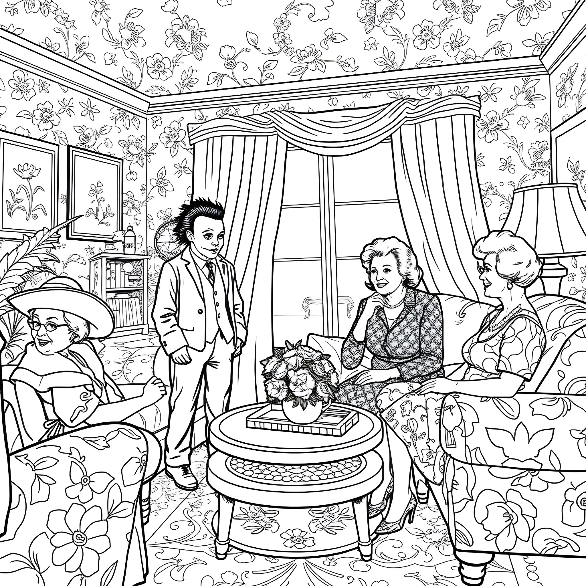 Michael Myers Celebrates a Glamorous Event in Ornate Parlor Coloring Page (free black-and-white line drawing printable PDF for all, from beginners to advanced learners, including children, teens, adults, and seniors)