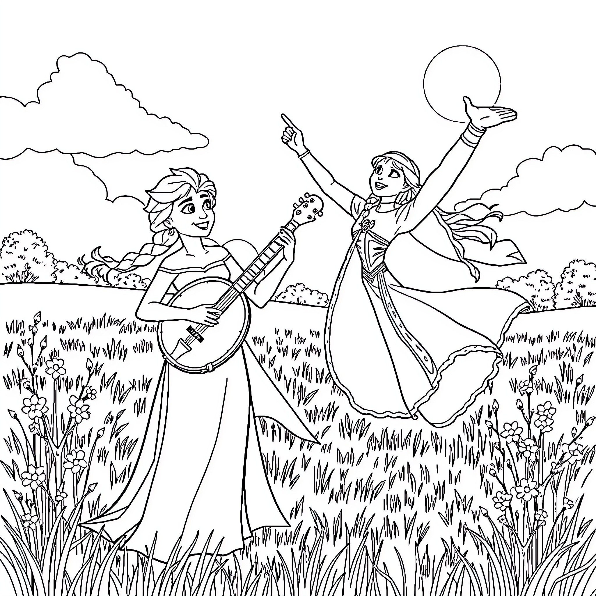 Elsa and Anna enjoying a musical adventure in the meadow Coloring Page (free black-and-white line drawing printable PDF for all, from beginners to advanced learners, including children, teens, adults, and seniors)