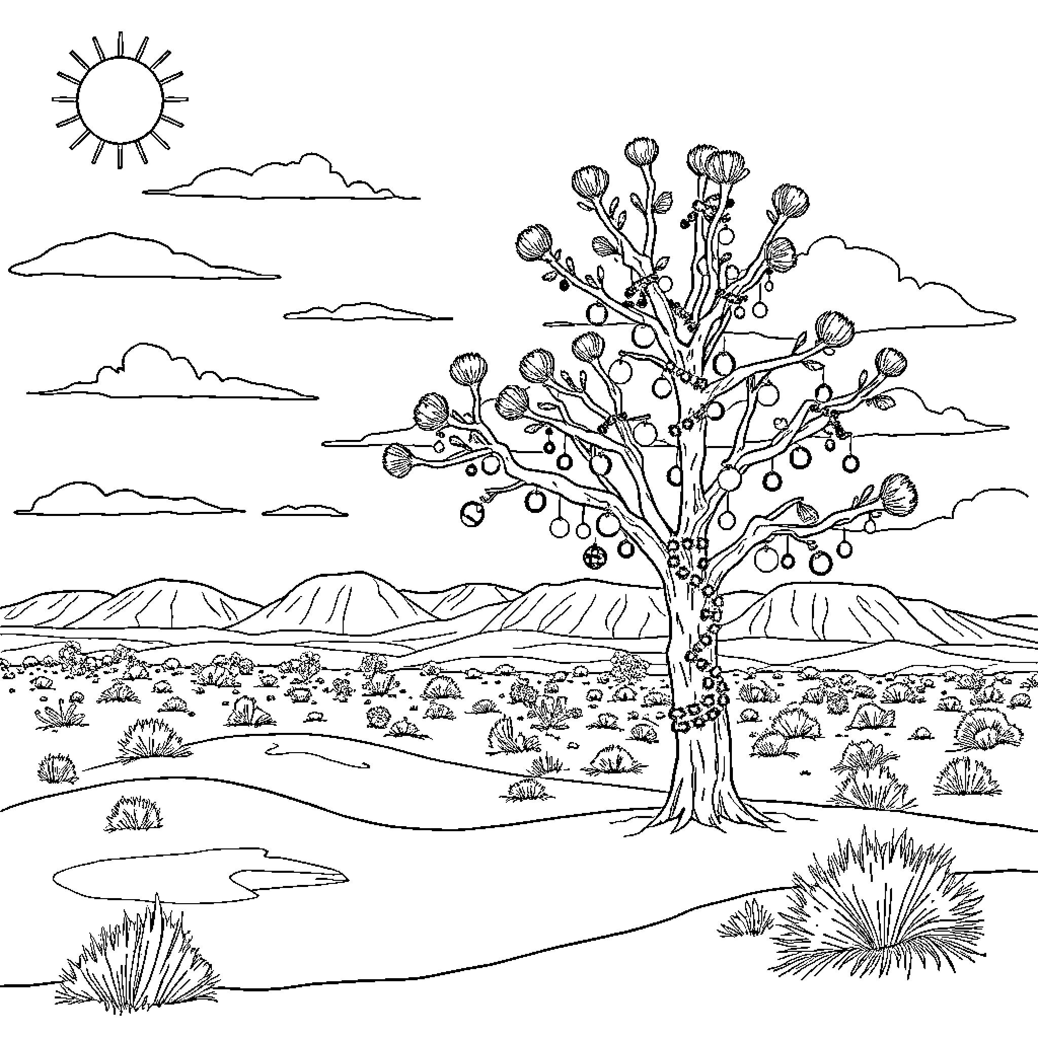 Outback Landscape with Blooming Tree Coloring Page (free black-and-white line drawing printable PDF for all, from beginners to advanced learners, including children, teens, adults, and seniors)