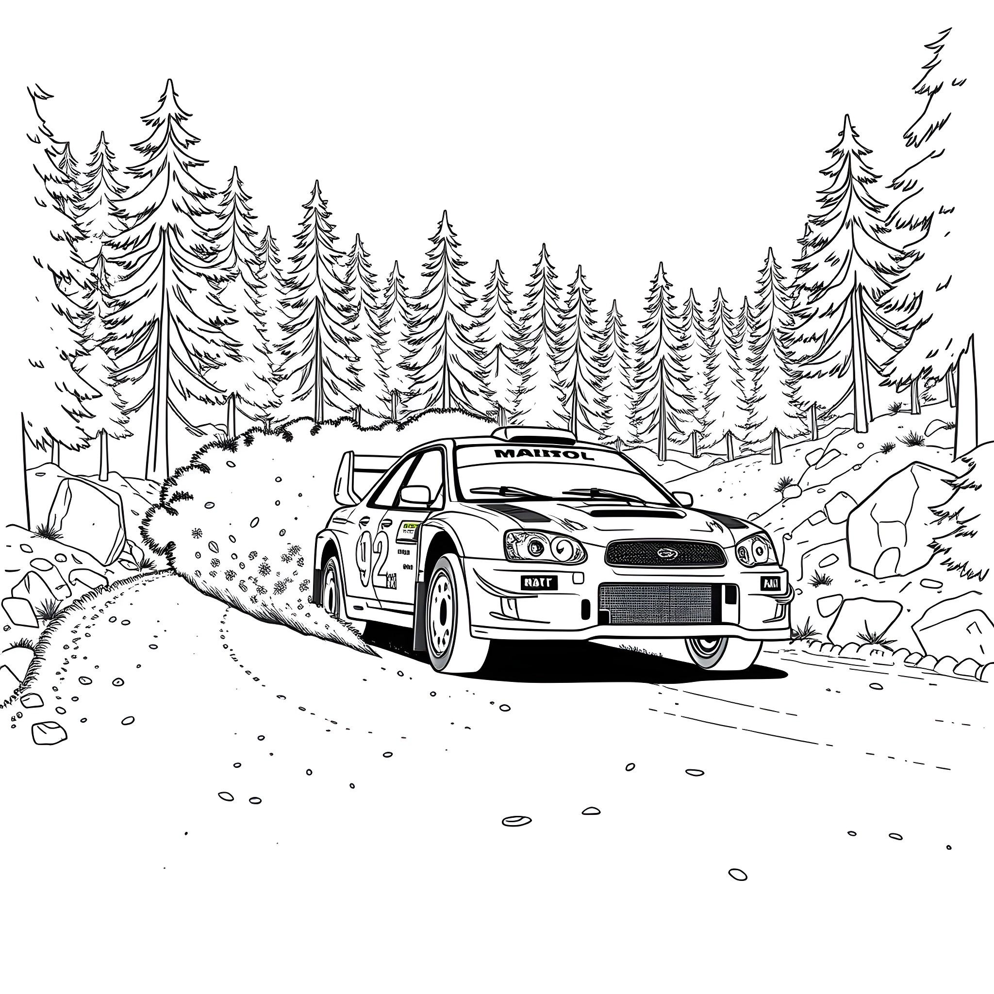 Rally Car Racing Through Snowy Forest Landscape Coloring Page (free black-and-white line drawing printable PDF for all, from beginners to advanced learners, including children, teens, adults, and seniors)
