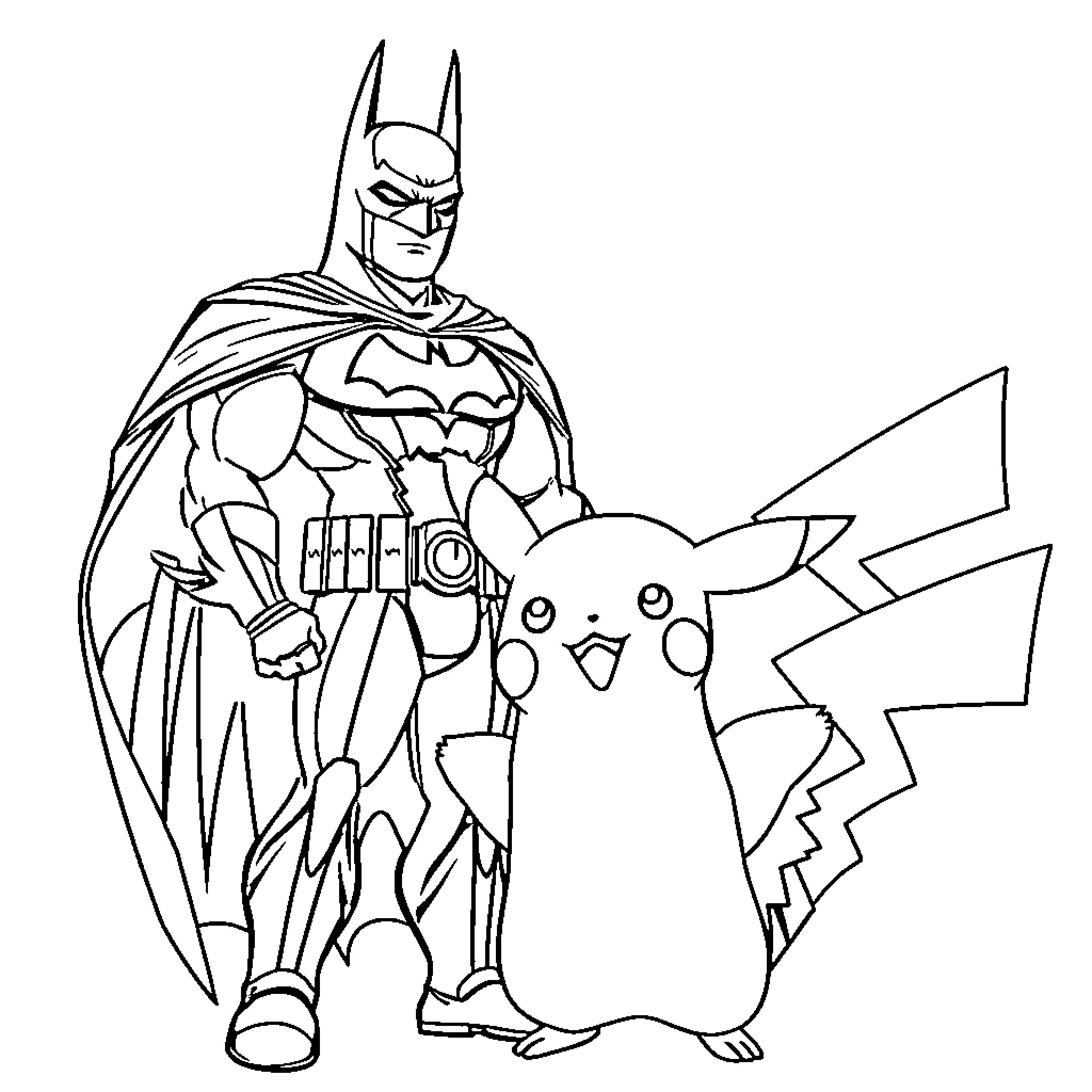 Batman and Pikachu Adventure Coloring Page (free black-and-white line drawing printable PDF for all, from beginners to advanced learners, including children, teens, adults, and seniors)