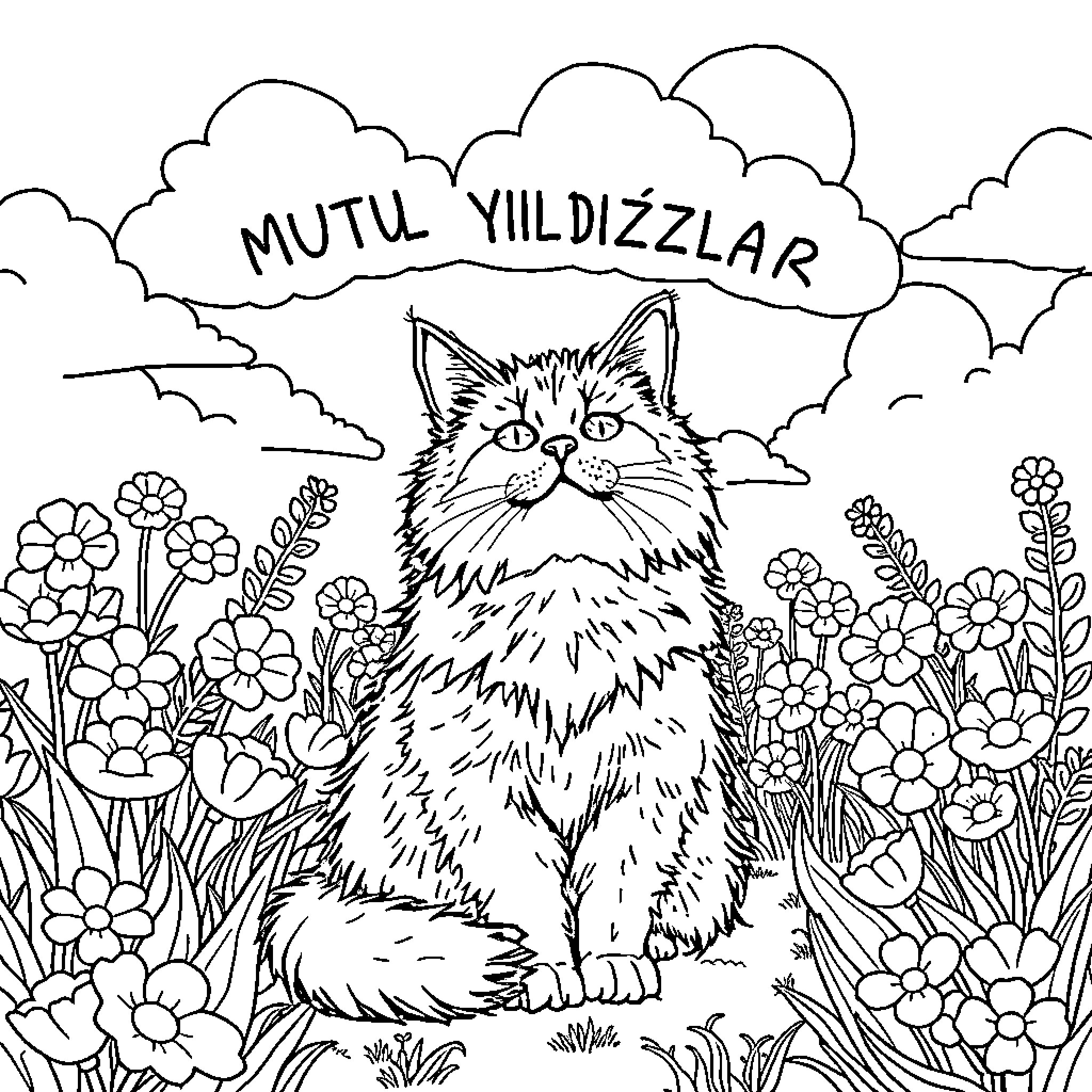 Cat in a floral garden with clouds Coloring Page (free black-and-white line drawing printable PDF for all, from beginners to advanced learners, including children, teens, adults, and seniors)