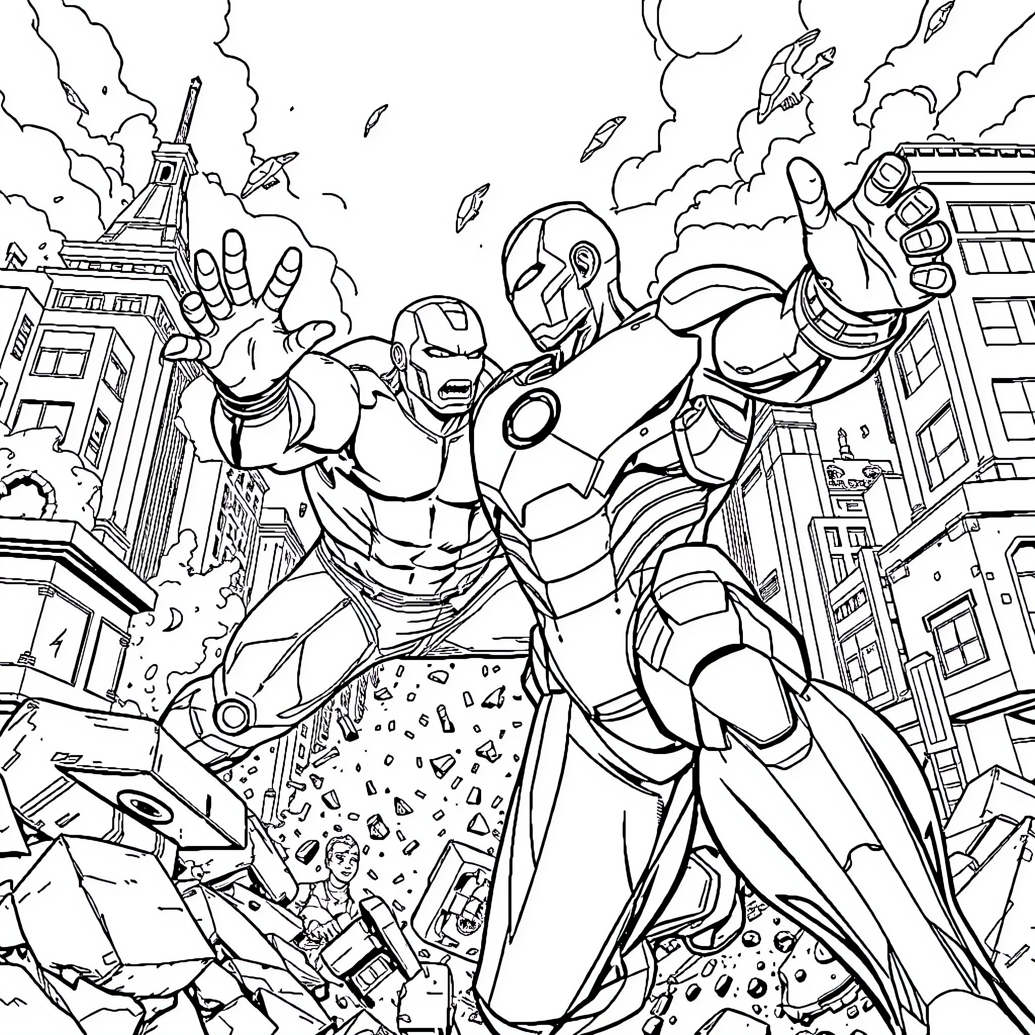 Ironman battling villains in a cityscape Coloring Page (free black-and-white line drawing printable PDF for all, from beginners to advanced learners, including children, teens, adults, and seniors)
