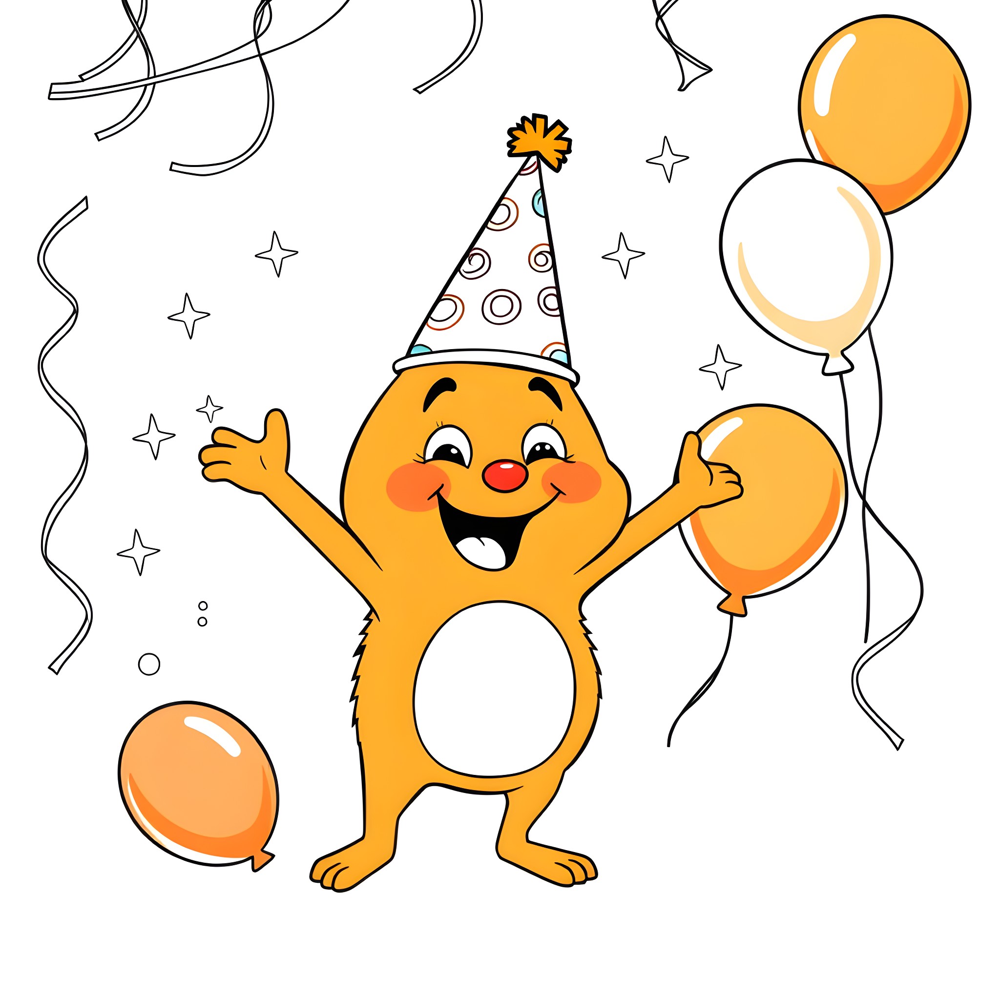 Orange Creature Celebrating with Balloons Coloring Page (free black-and-white line drawing printable PDF for all, from beginners to advanced learners, including children, teens, adults, and seniors)