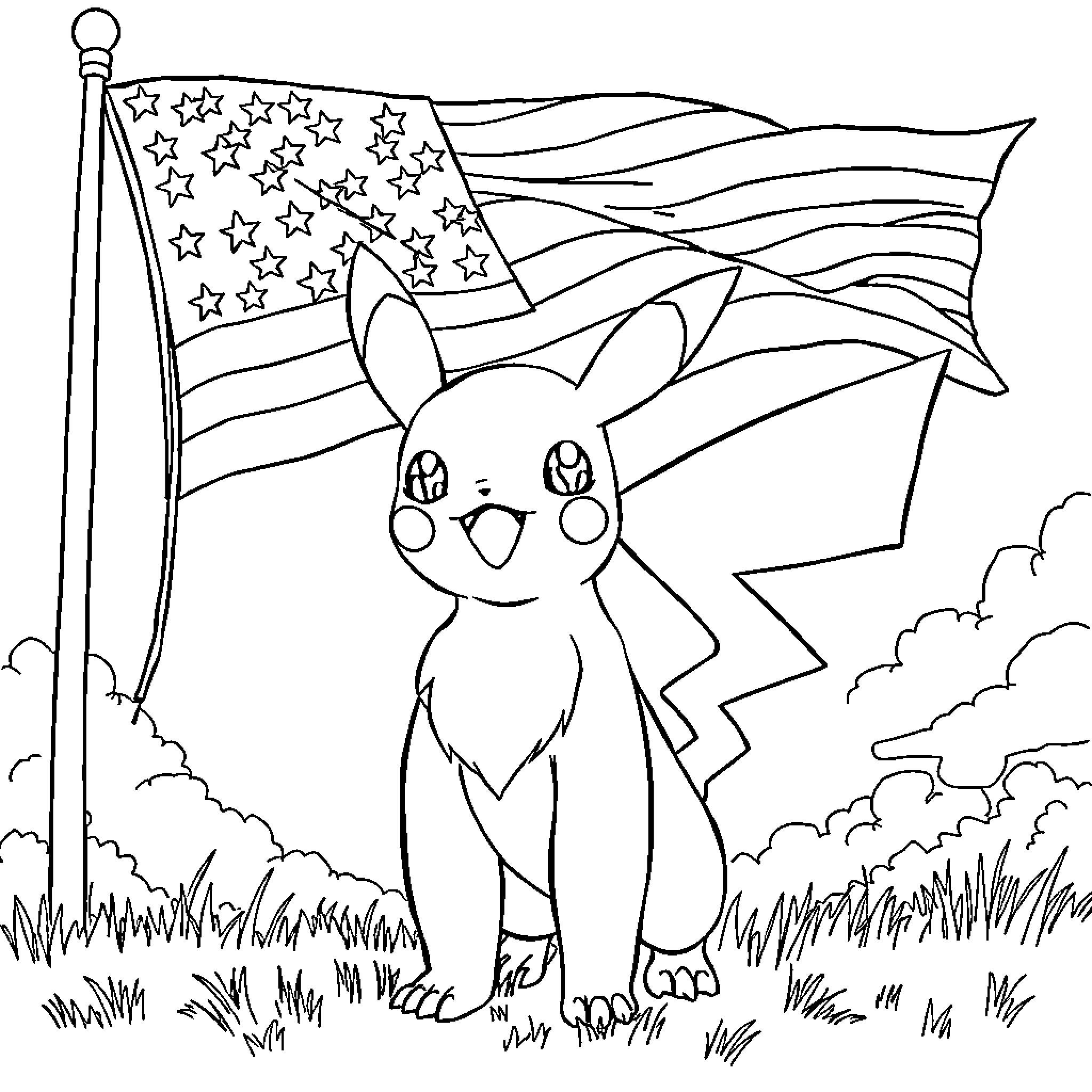 Pokémon character playing with American flag Coloring Page (free black-and-white line drawing printable PDF for all, from beginners to advanced learners, including children, teens, adults, and seniors)