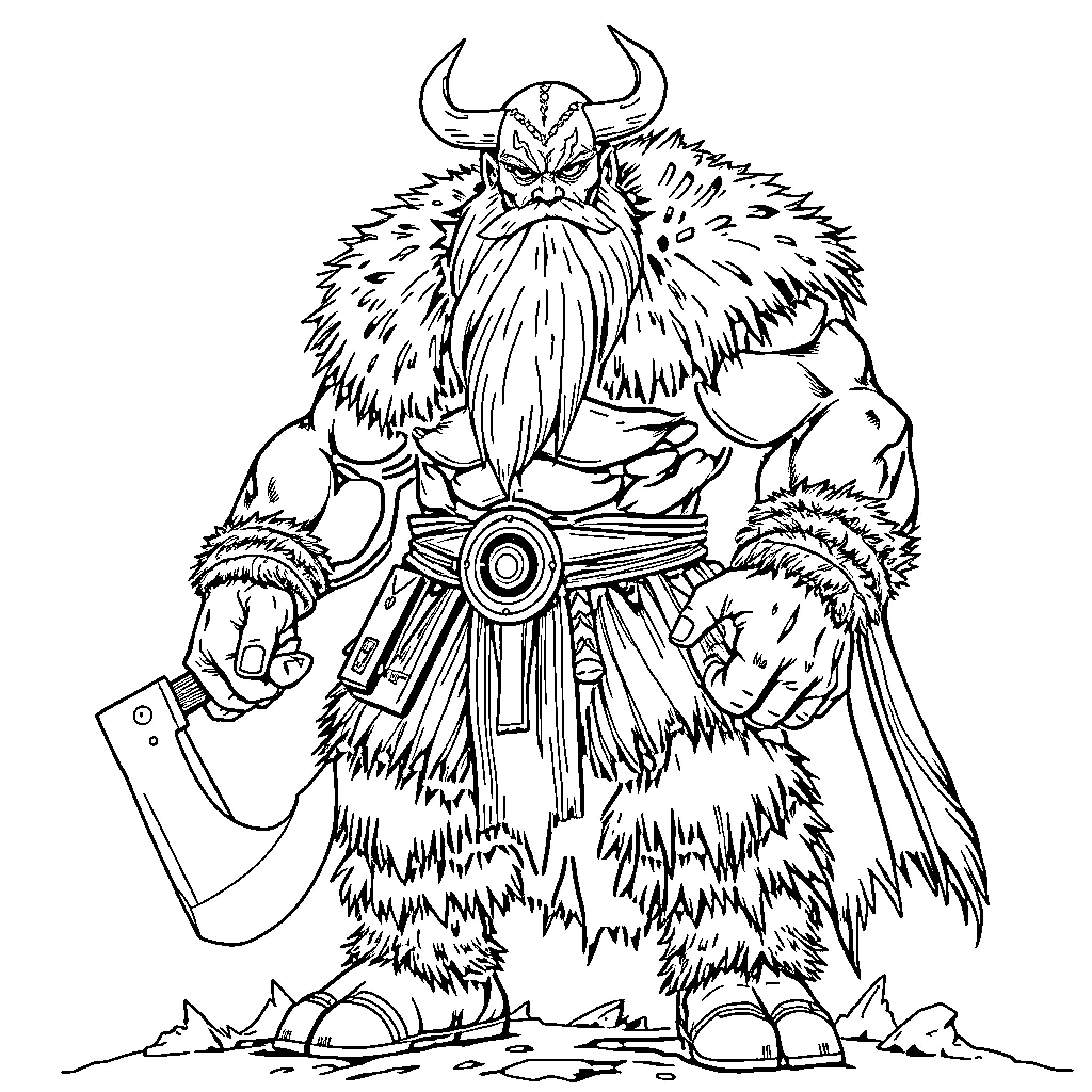 Viking warrior wielding an axe in a fierce pose Coloring Page (free black-and-white line drawing printable PDF for all, from beginners to advanced learners, including children, teens, adults, and seniors)