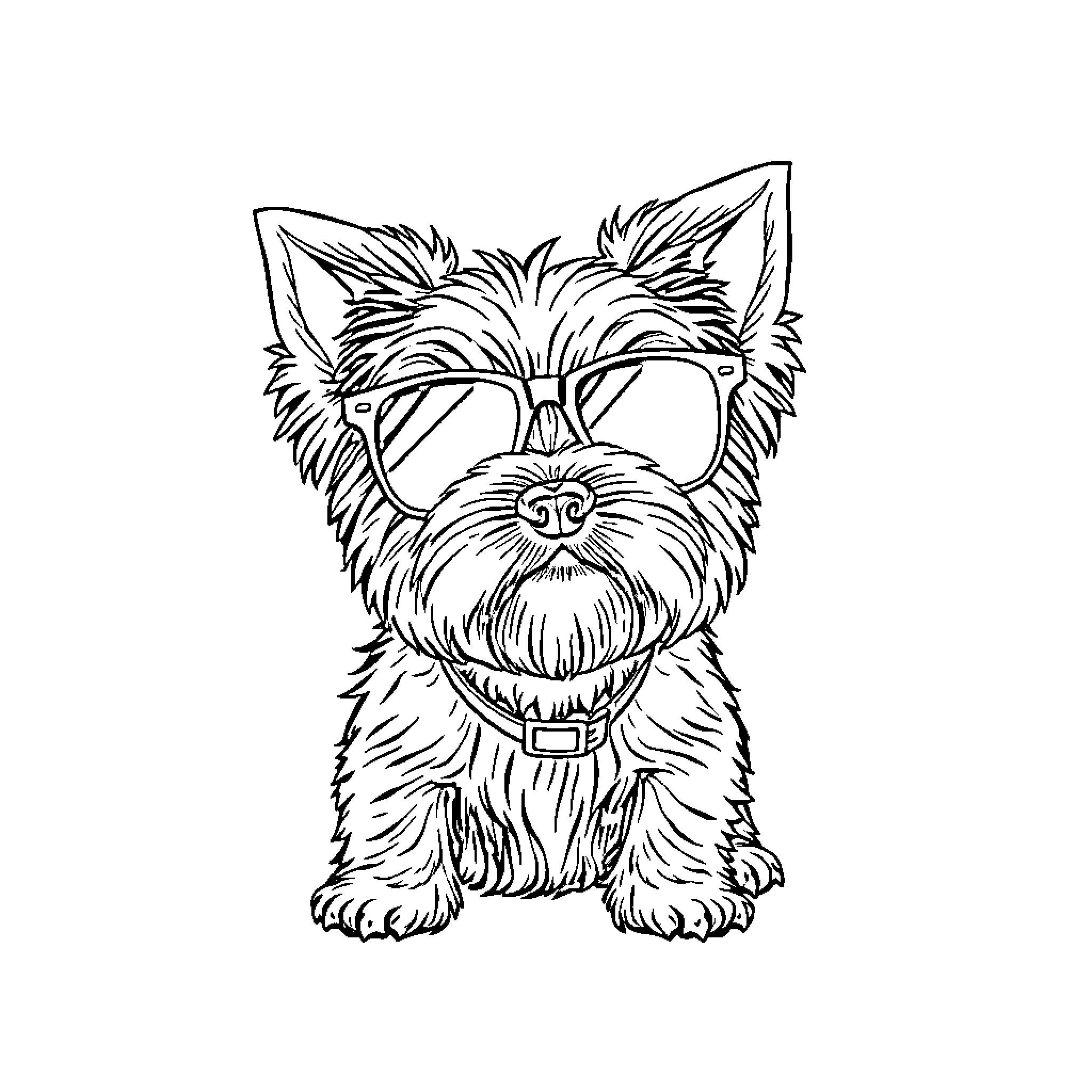 Yorkie wearing stylish sunglasses Coloring Page (free black-and-white line drawing printable PDF for all, from beginners to advanced learners, including children, teens, adults, and seniors)