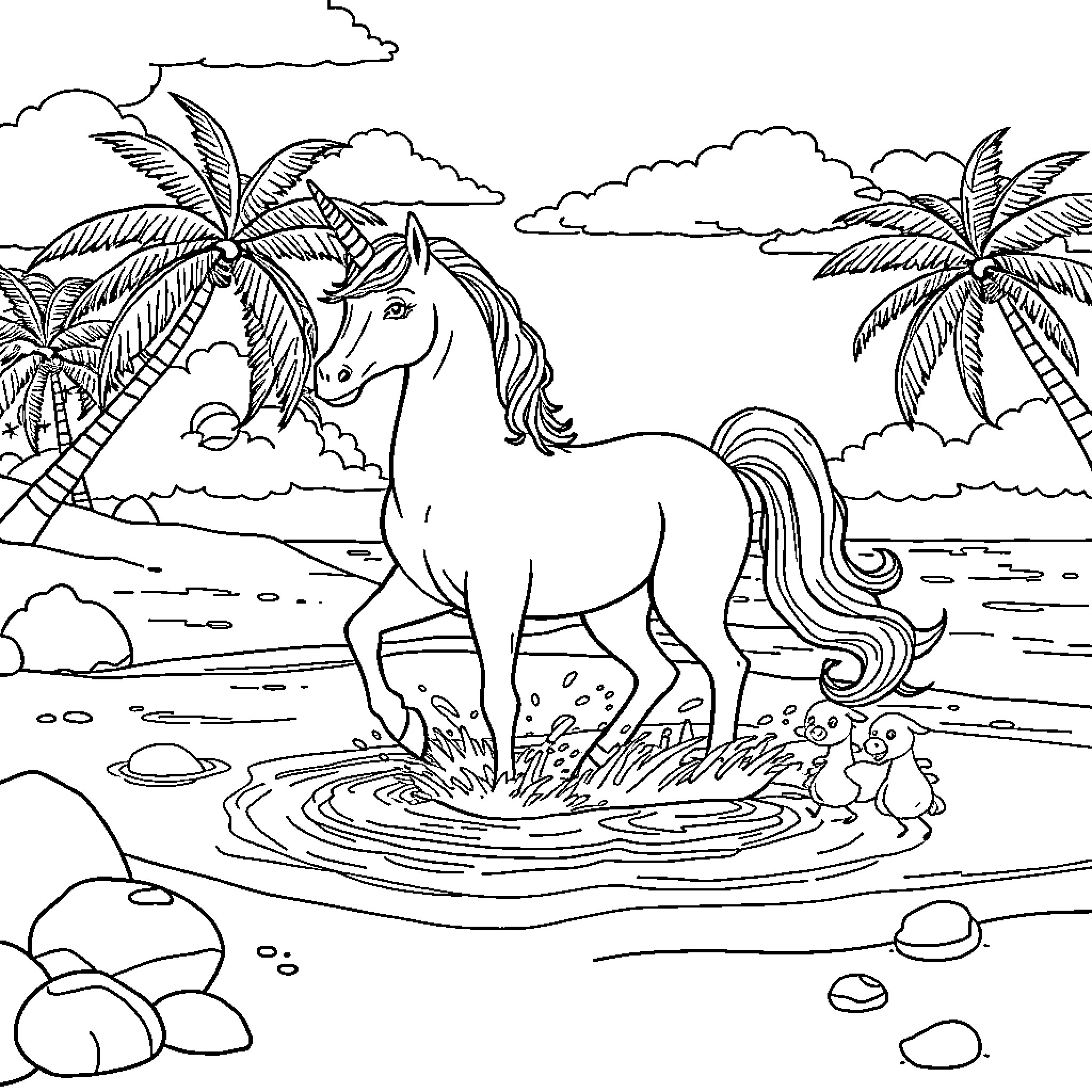 Unicorn frolicking in a tropical paradise Coloring Page (free black-and-white line drawing printable PDF for all, from beginners to advanced learners, including children, teens, adults, and seniors)