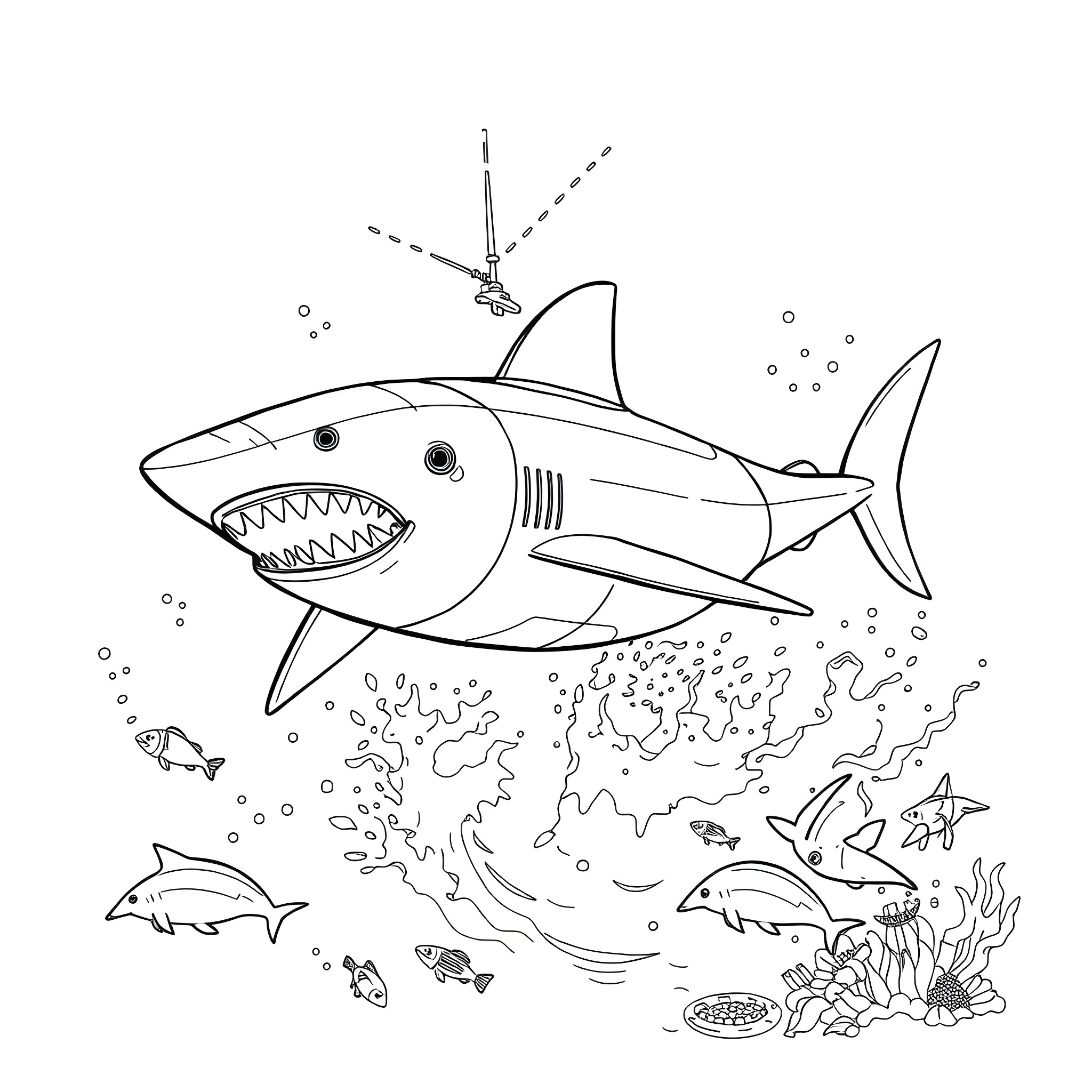 Flying Shark chasing underwater creatures in the ocean Coloring Page (free black-and-white line drawing printable PDF for all, from beginners to advanced learners, including children, teens, adults, and seniors)