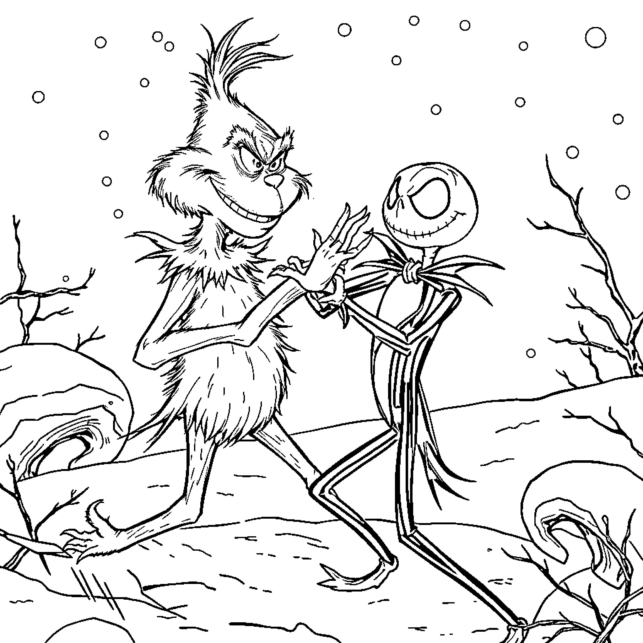 Grinch and Jack Skellington's Snowy Adventure Coloring Page (free black-and-white line drawing printable PDF for all, from beginners to advanced learners, including children, teens, adults, and seniors)