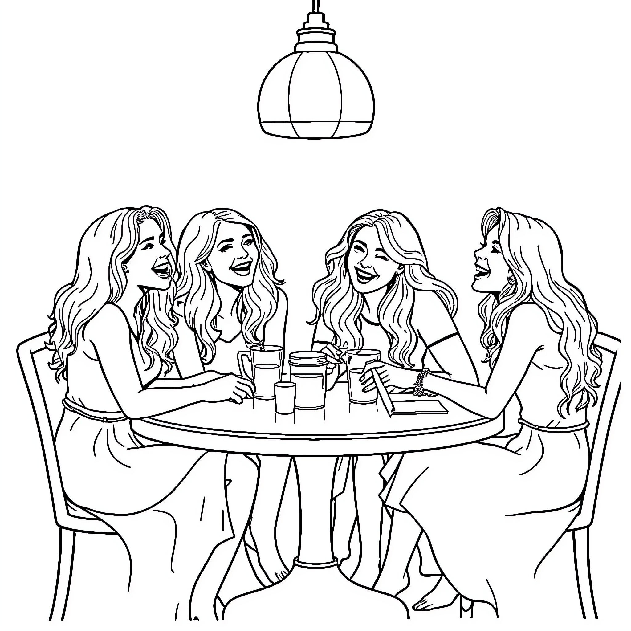 Girls enjoying drinks and conversation together Coloring Page (free black-and-white line drawing printable PDF for all, from beginners to advanced learners, including children, teens, adults, and seniors)