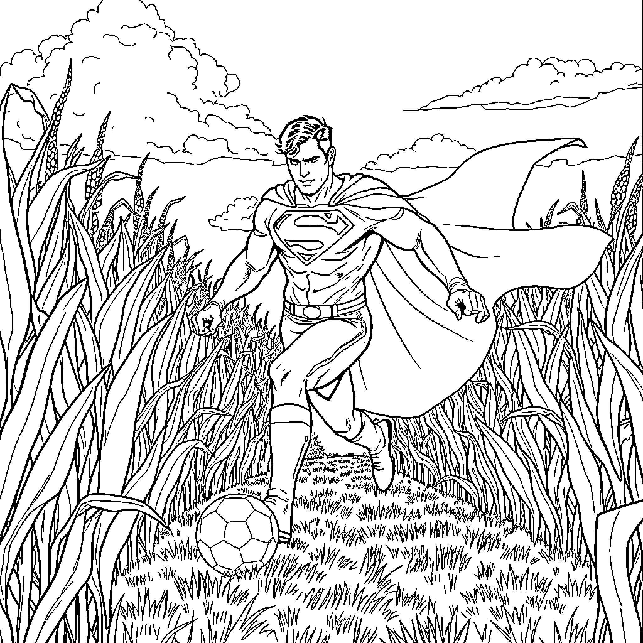 Superman Soaring Through Nature's Splendor Coloring Page (free black-and-white line drawing printable PDF for all, from beginners to advanced learners, including children, teens, adults, and seniors)