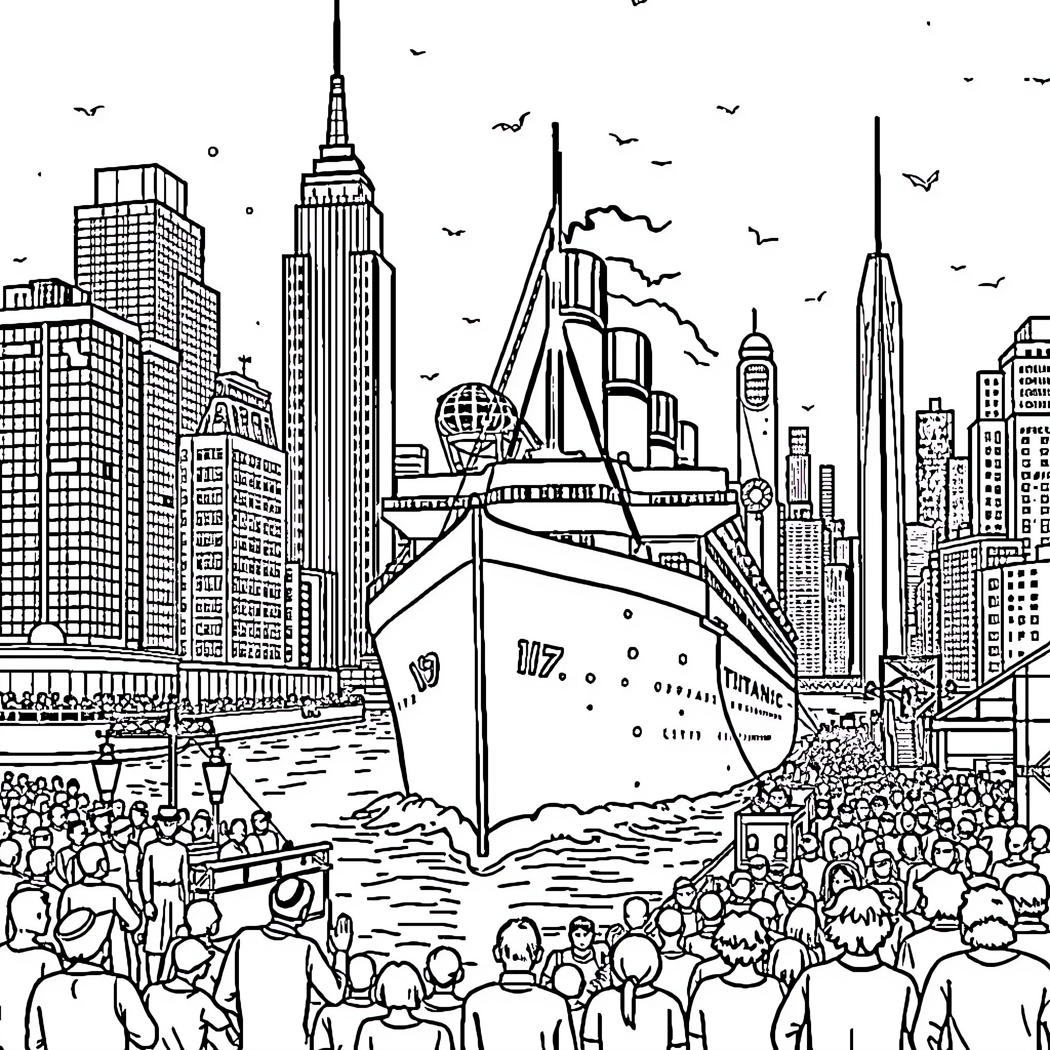 Titanic Vessel Docked in the City Harbor Coloring Page (free black-and-white line drawing printable PDF for all, from beginners to advanced learners, including children, teens, adults, and seniors)