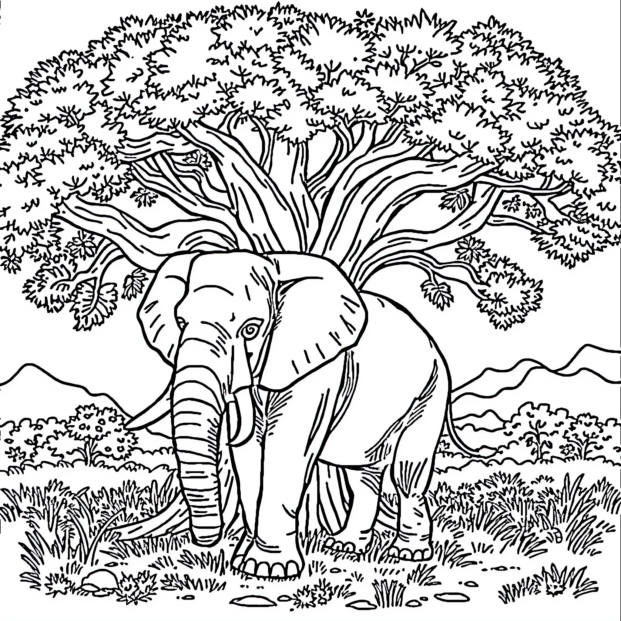 Elephant standing among lush foliage Coloring Page (free black-and-white line drawing printable PDF for all, from beginners to advanced learners, including children, teens, adults, and seniors)