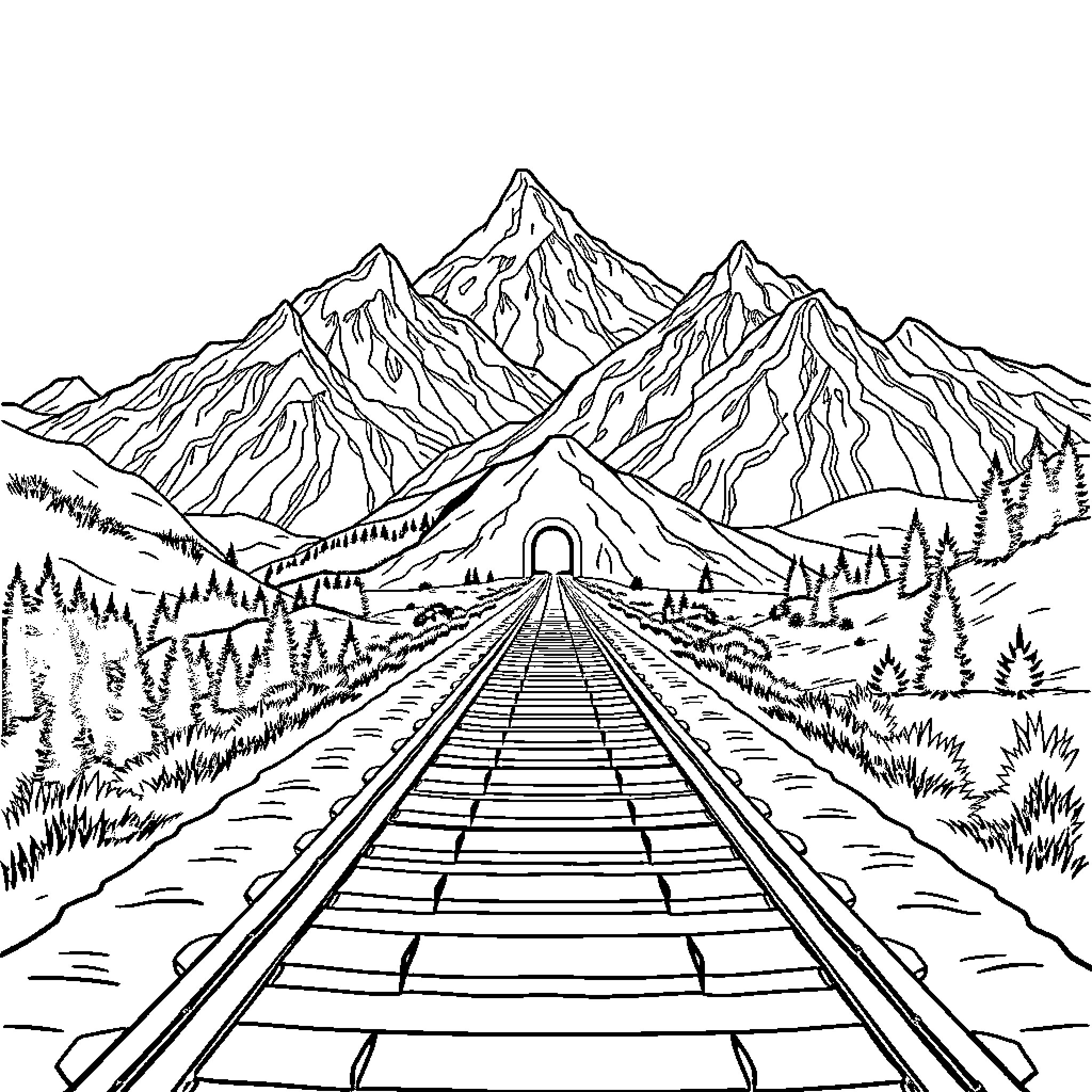 Train tracks leading to the majestic mountains Coloring Page (free black-and-white line drawing printable PDF for all, from beginners to advanced learners, including children, teens, adults, and seniors)