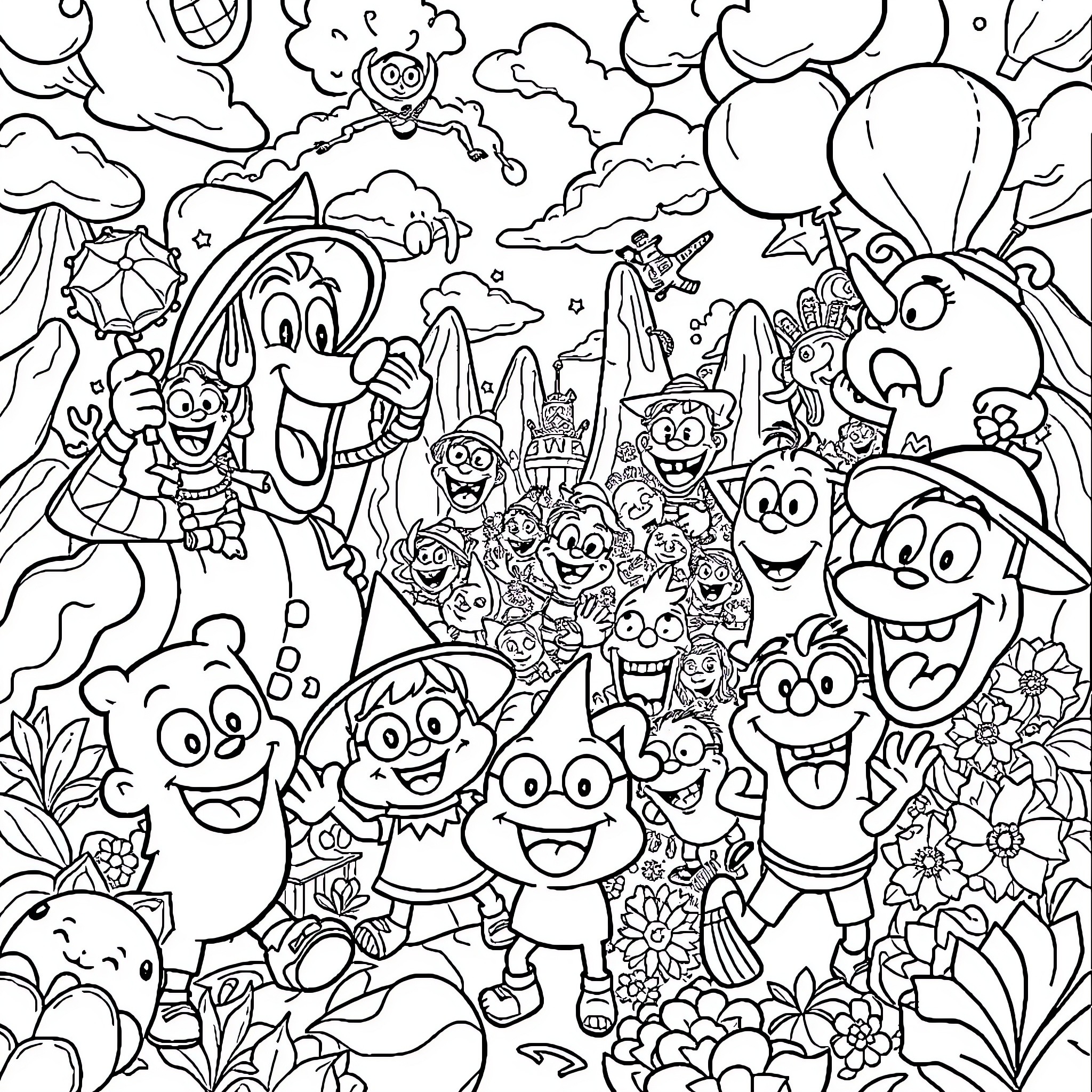 Cartoon Creatures in a Whimsical Fantasy World Coloring Page (free black-and-white line drawing printable PDF for all, from beginners to advanced learners, including children, teens, adults, and seniors)