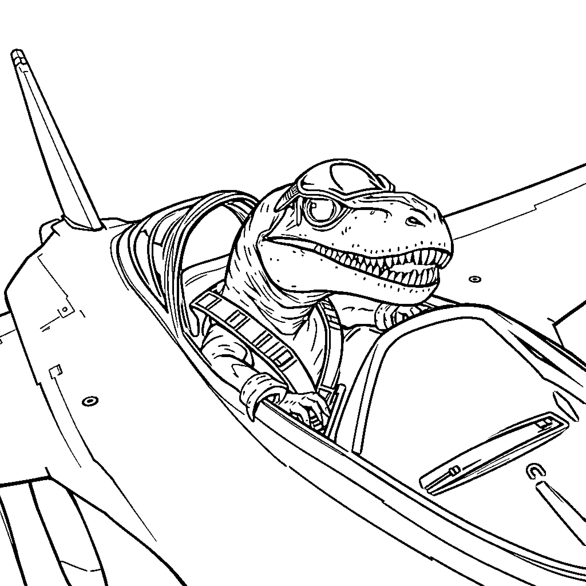 Trex dinosaur piloting a futuristic spacecraft Coloring Page (free black-and-white line drawing printable PDF for all, from beginners to advanced learners, including children, teens, adults, and seniors)