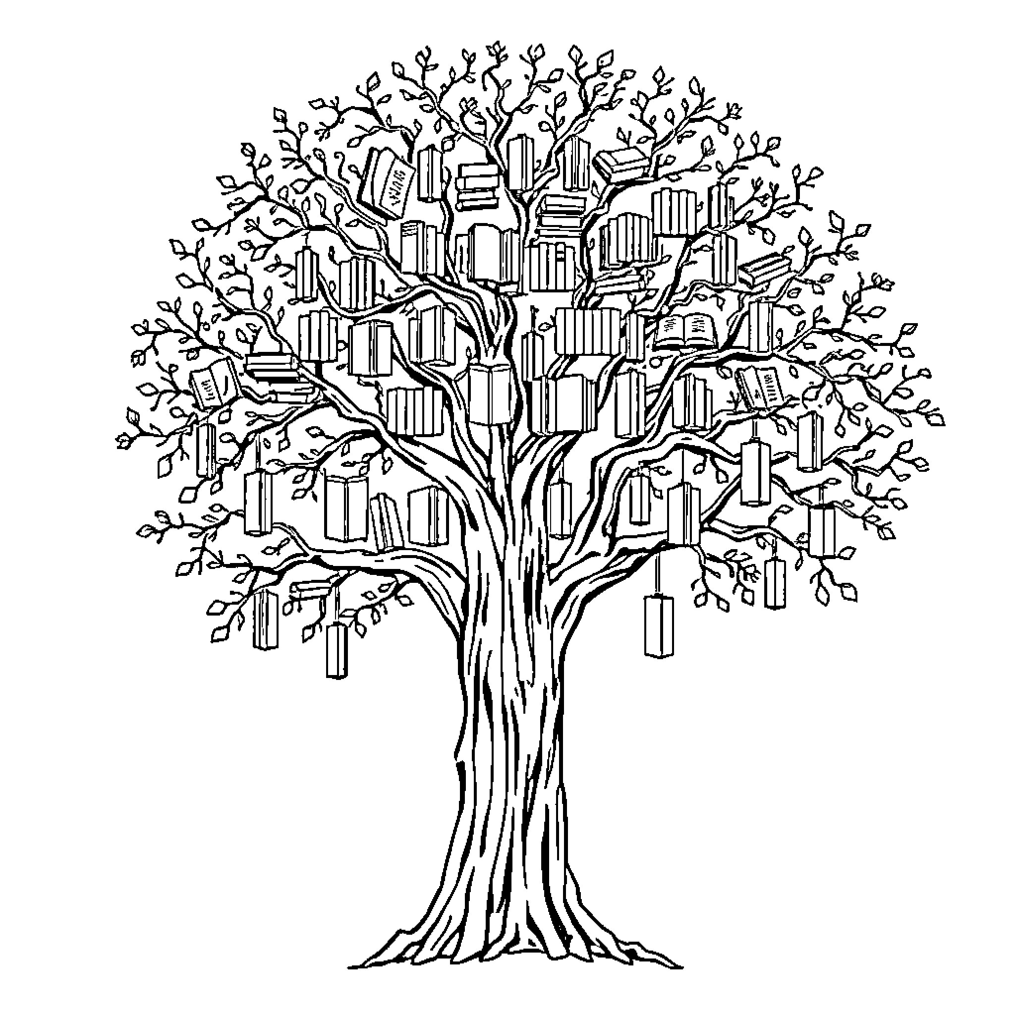 Tree of Knowledge with Books Coloring Page (free black-and-white line drawing printable PDF for all, from beginners to advanced learners, including children, teens, adults, and seniors)