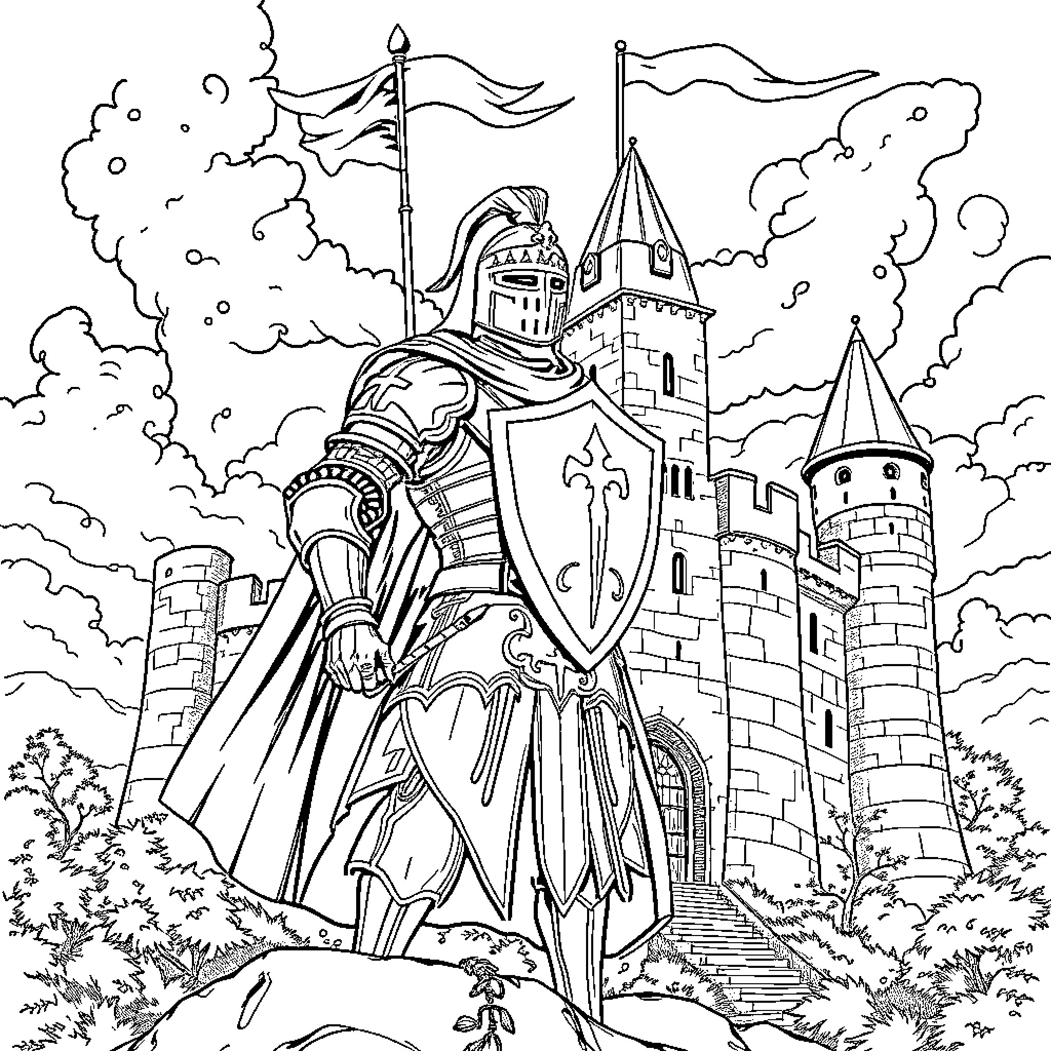 Knight Stands Proudly Before Magnificent Castle Coloring Page (free black-and-white line drawing printable PDF for all, from beginners to advanced learners, including children, teens, adults, and seniors)