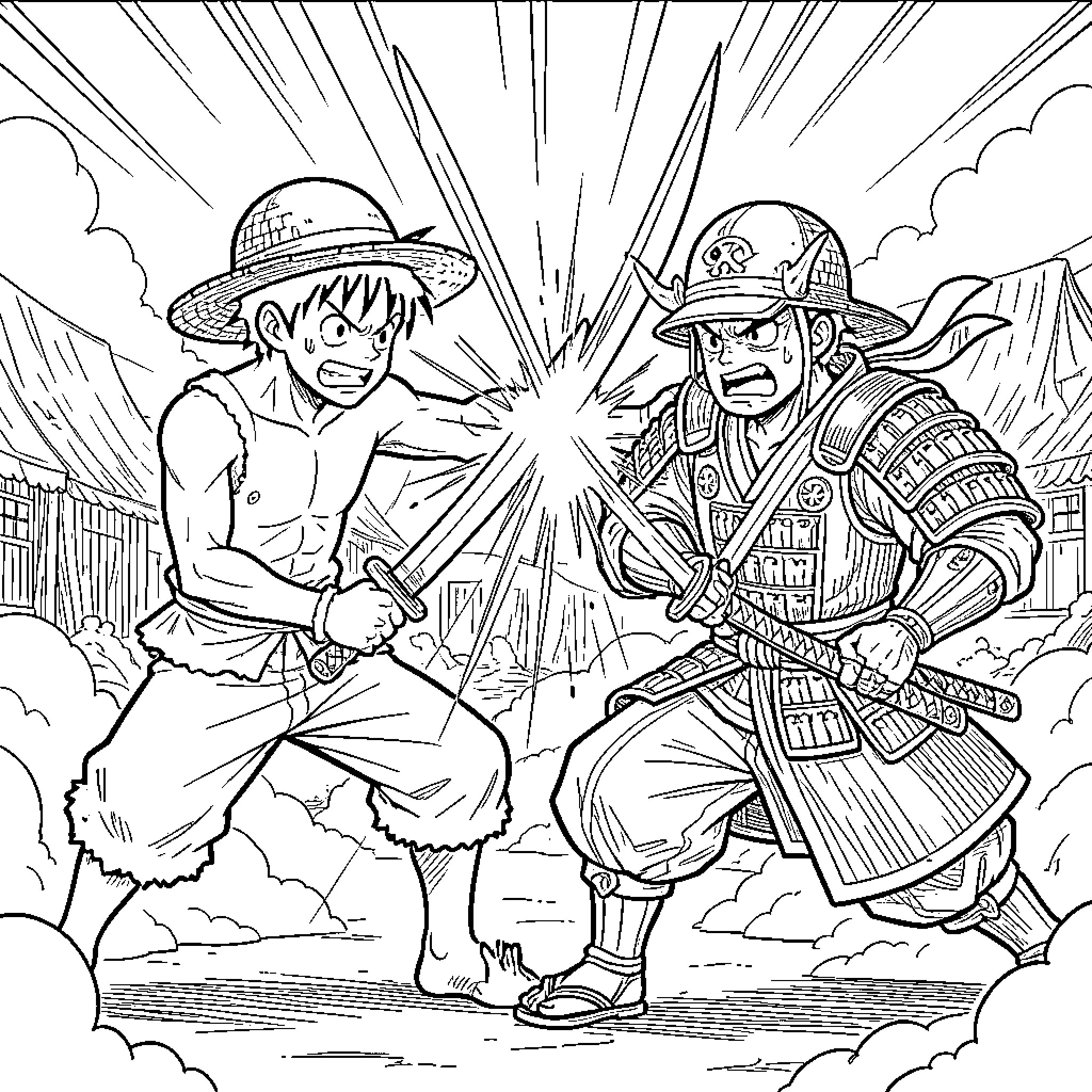 Luffy Fighting Bravely Against an Armed Foe Coloring Page (free black-and-white line drawing printable PDF for all, from beginners to advanced learners, including children, teens, adults, and seniors)