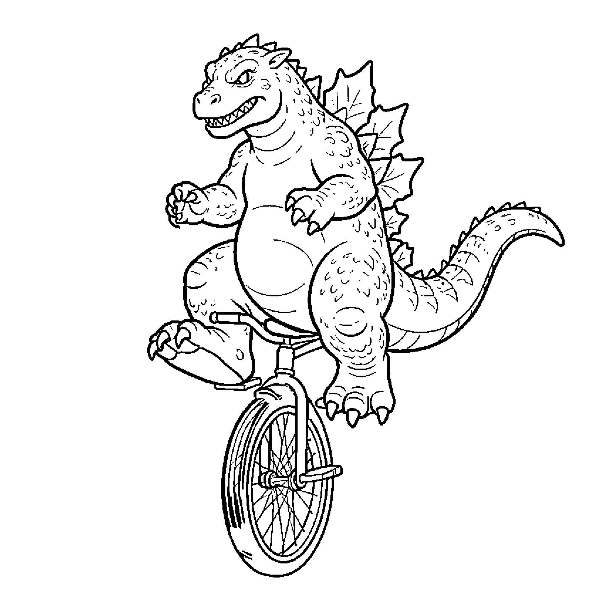 Godzilla riding a unicycle with a determined expression Coloring Page (free black-and-white line drawing printable PDF for all, from beginners to advanced learners, including children, teens, adults, and seniors)