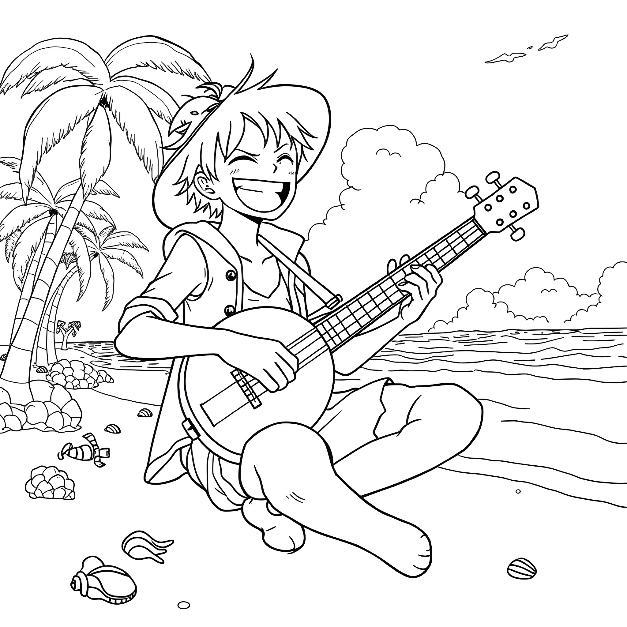 Luffy's Musical Adventure on the Beach Coloring Page (free black-and-white line drawing printable PDF for all, from beginners to advanced learners, including children, teens, adults, and seniors)