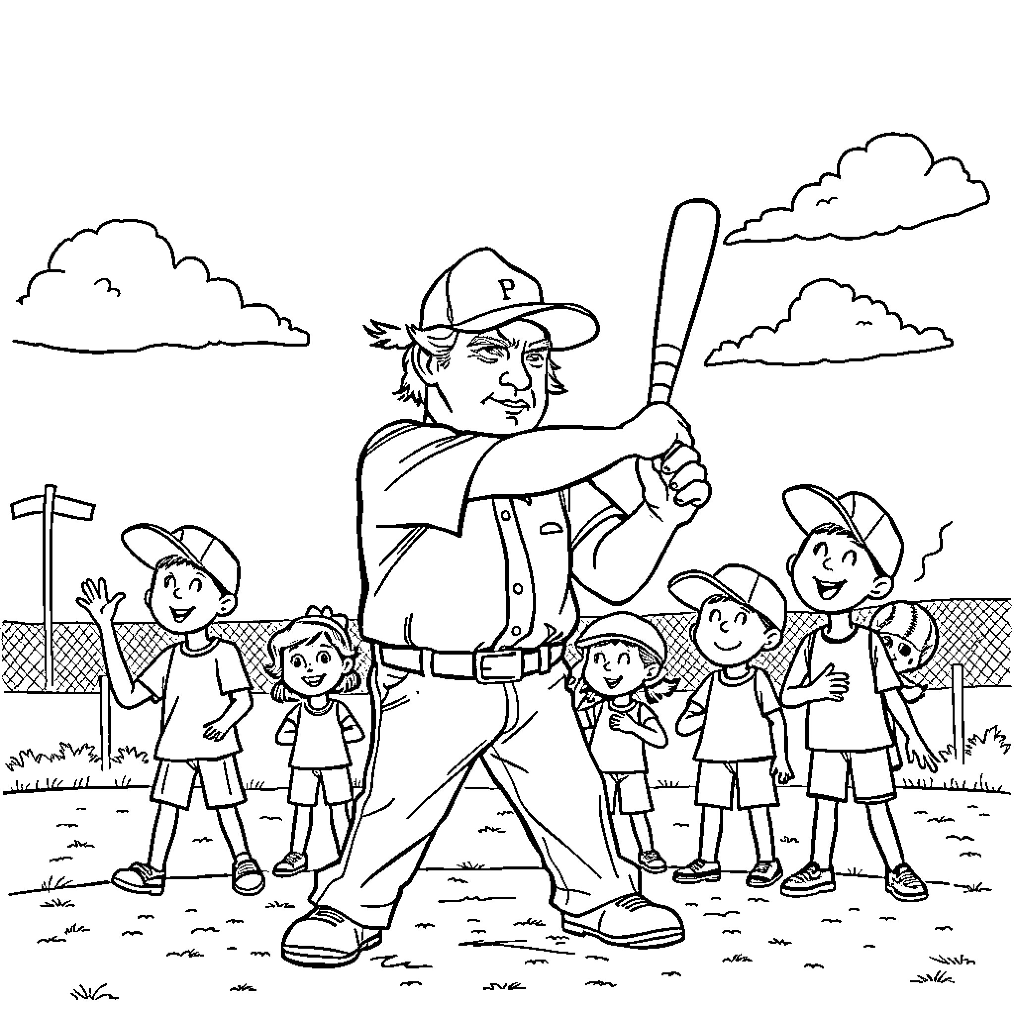Donald Trump Coaches a Baseball Team of Children Coloring Page (free black-and-white line drawing printable PDF for all, from beginners to advanced learners, including children, teens, adults, and seniors)