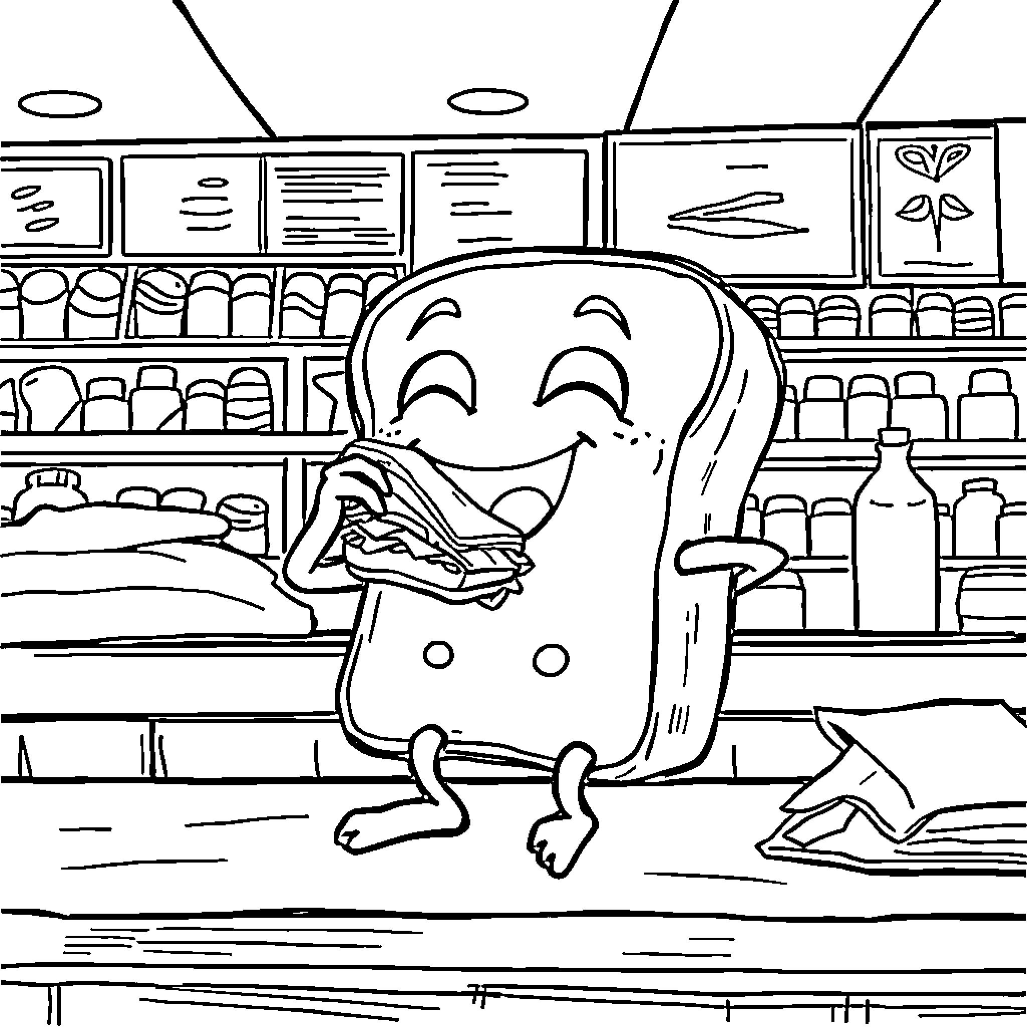 Sandwich character shopping in the store Coloring Page (free black-and-white line drawing printable PDF for all, from beginners to advanced learners, including children, teens, adults, and seniors)