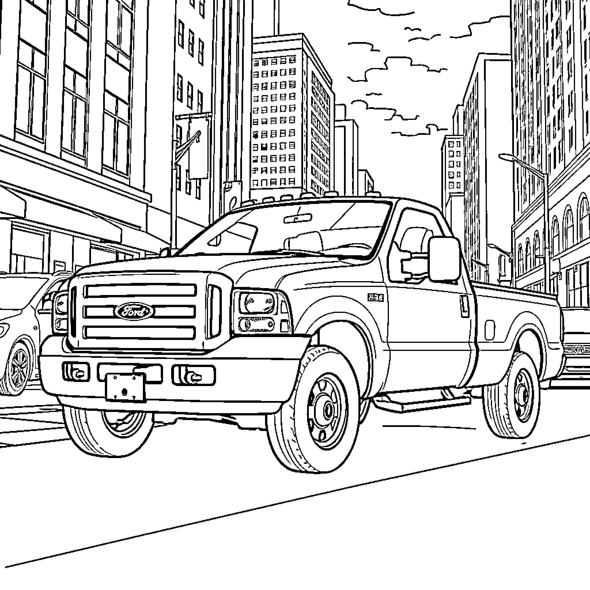 F250 Truck Navigating City Streets Coloring Page (free black-and-white line drawing printable PDF for all, from beginners to advanced learners, including children, teens, adults, and seniors)