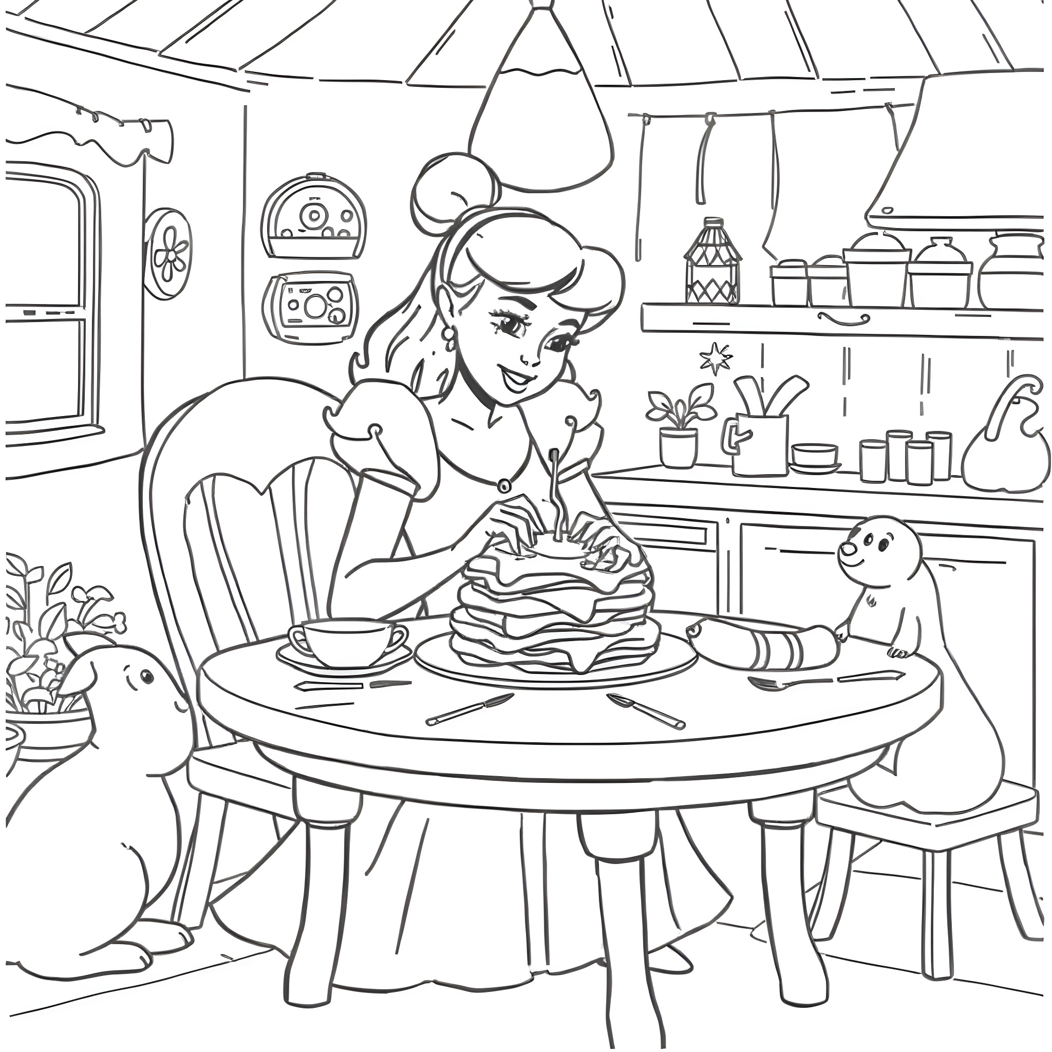 Cinderella Prepares a Delightful Meal in the Cozy Kitchen Coloring Page (free black-and-white line drawing printable PDF for all, from beginners to advanced learners, including children, teens, adults, and seniors)