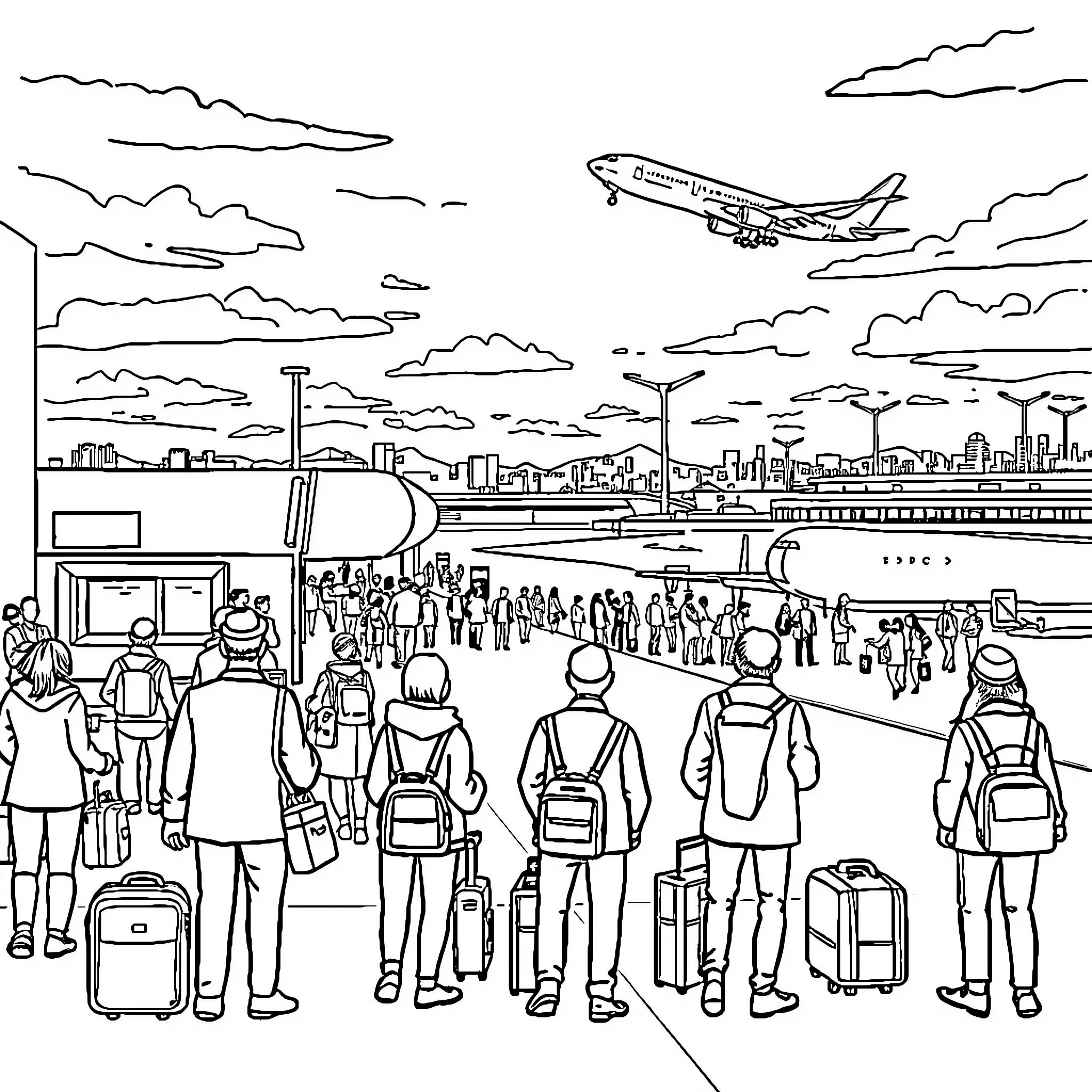 Airport Crowd Bustling with Travelers and Airplanes Coloring Page (free black-and-white line drawing printable PDF for all, from beginners to advanced learners, including children, teens, adults, and seniors)