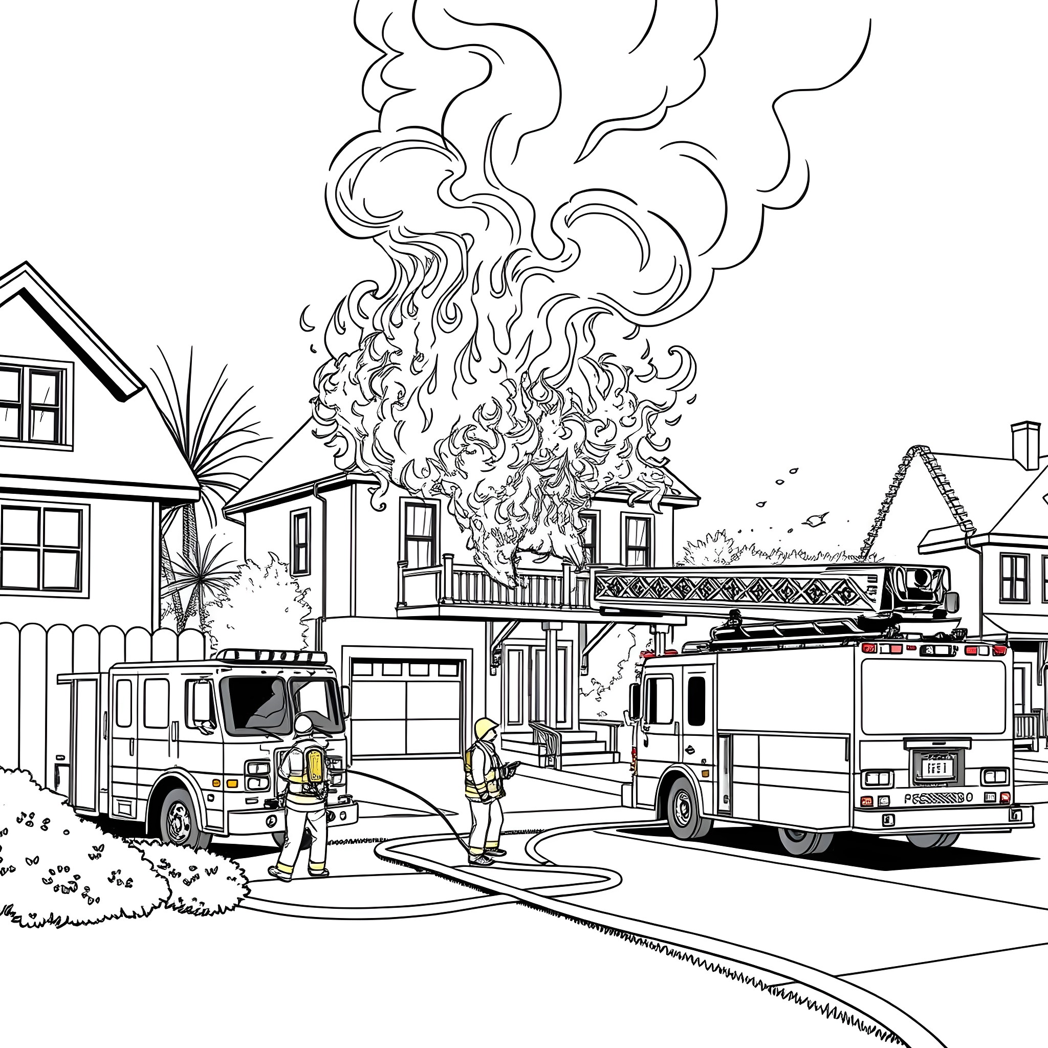 Firefighters battling a blaze in a residential neighborhood Coloring Page (free black-and-white line drawing printable PDF for all, from beginners to advanced learners, including children, teens, adults, and seniors)