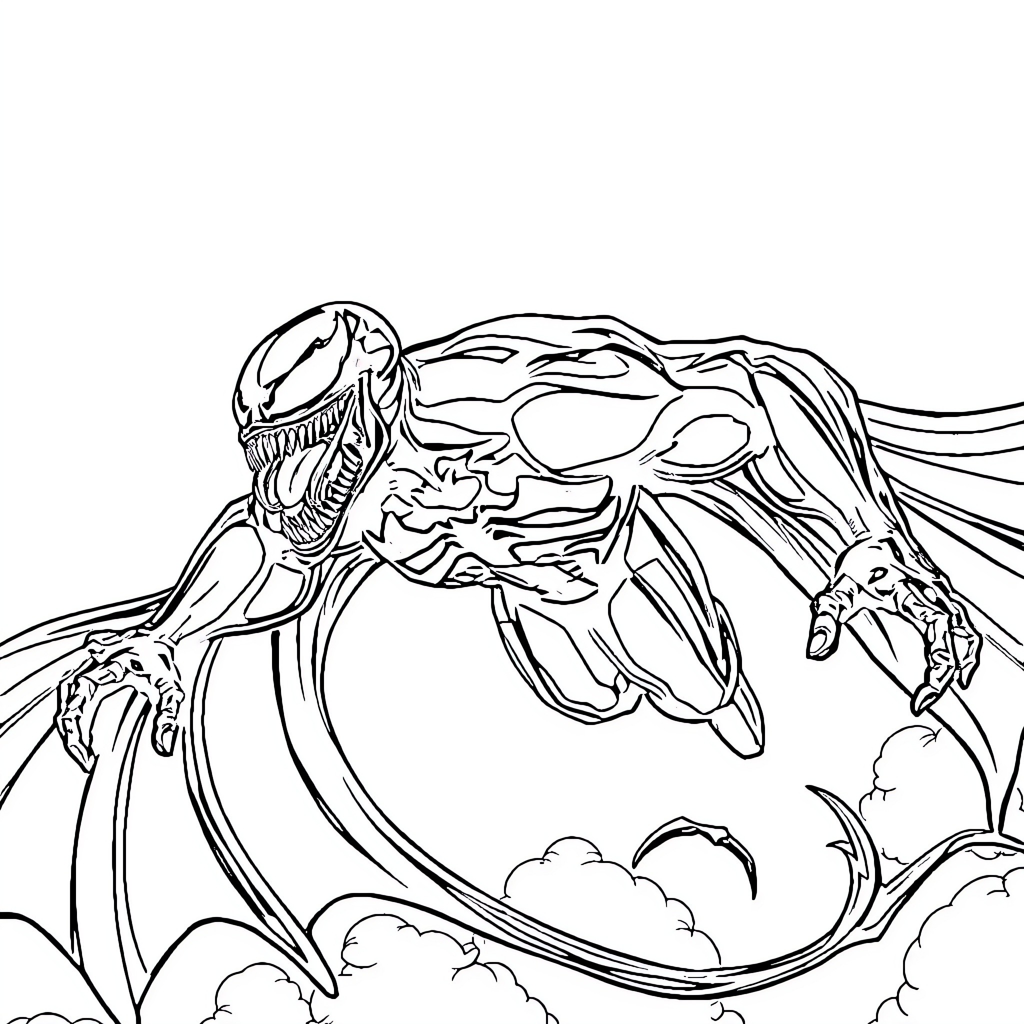 Venom's Terrifying Transformation into a Monstrous Form Coloring Page (free black-and-white line drawing printable PDF for all, from beginners to advanced learners, including children, teens, adults, and seniors)