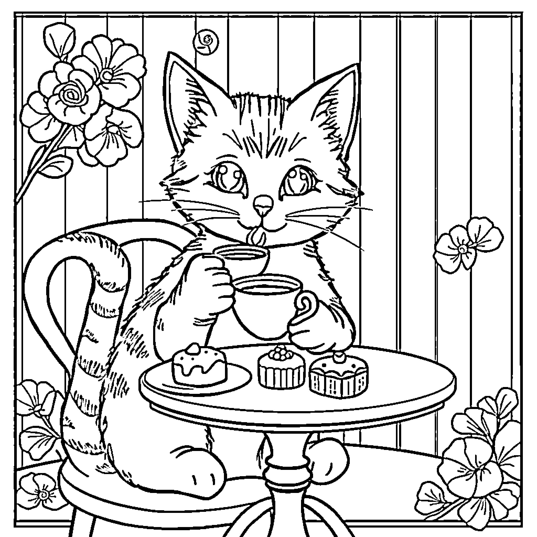 Cat having a tea party with treats Coloring Page (free black-and-white line drawing printable PDF for all, from beginners to advanced learners, including children, teens, adults, and seniors)