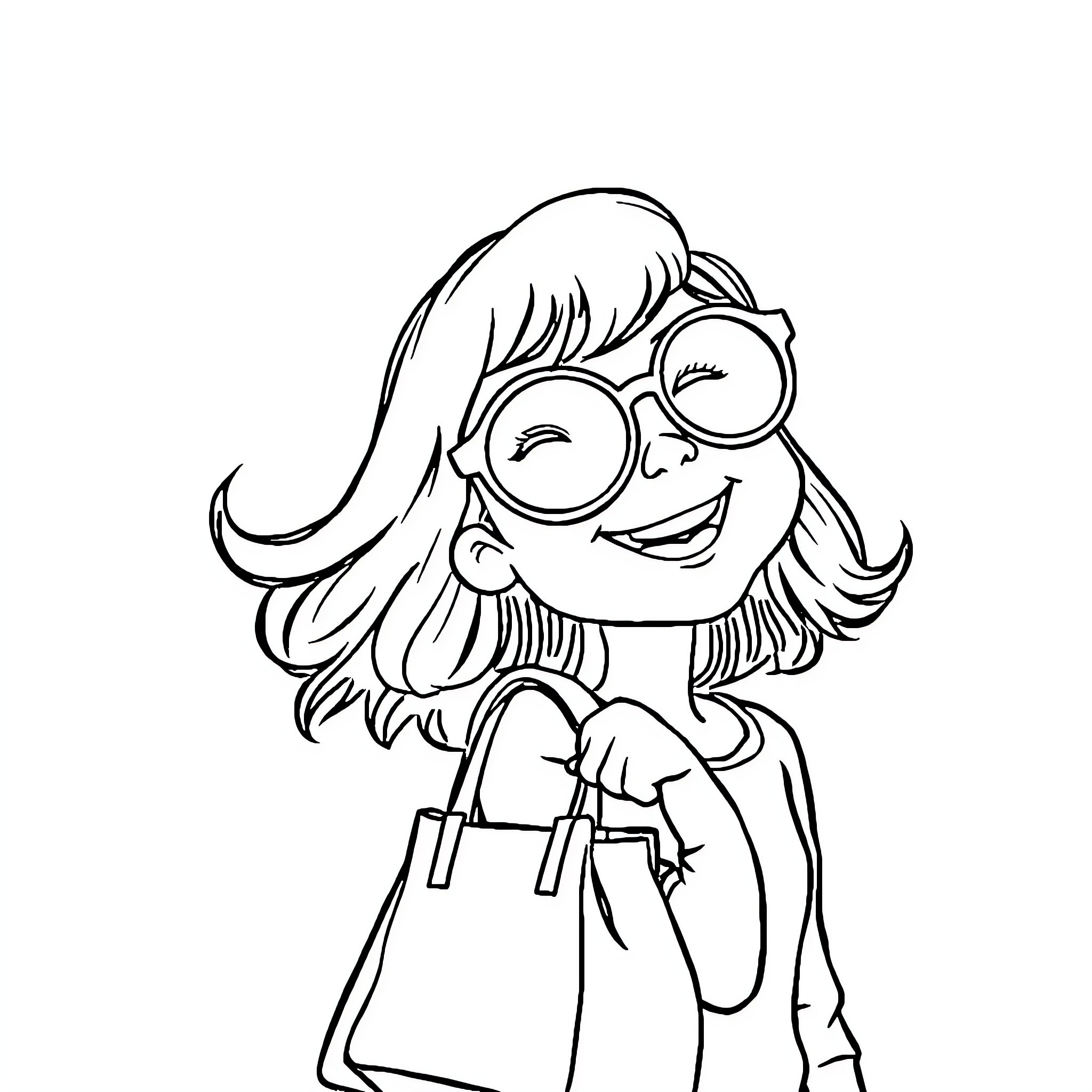 Girl with Glasses and Cheerful Expression Coloring Page (free black-and-white line drawing printable PDF for all, from beginners to advanced learners, including children, teens, adults, and seniors)