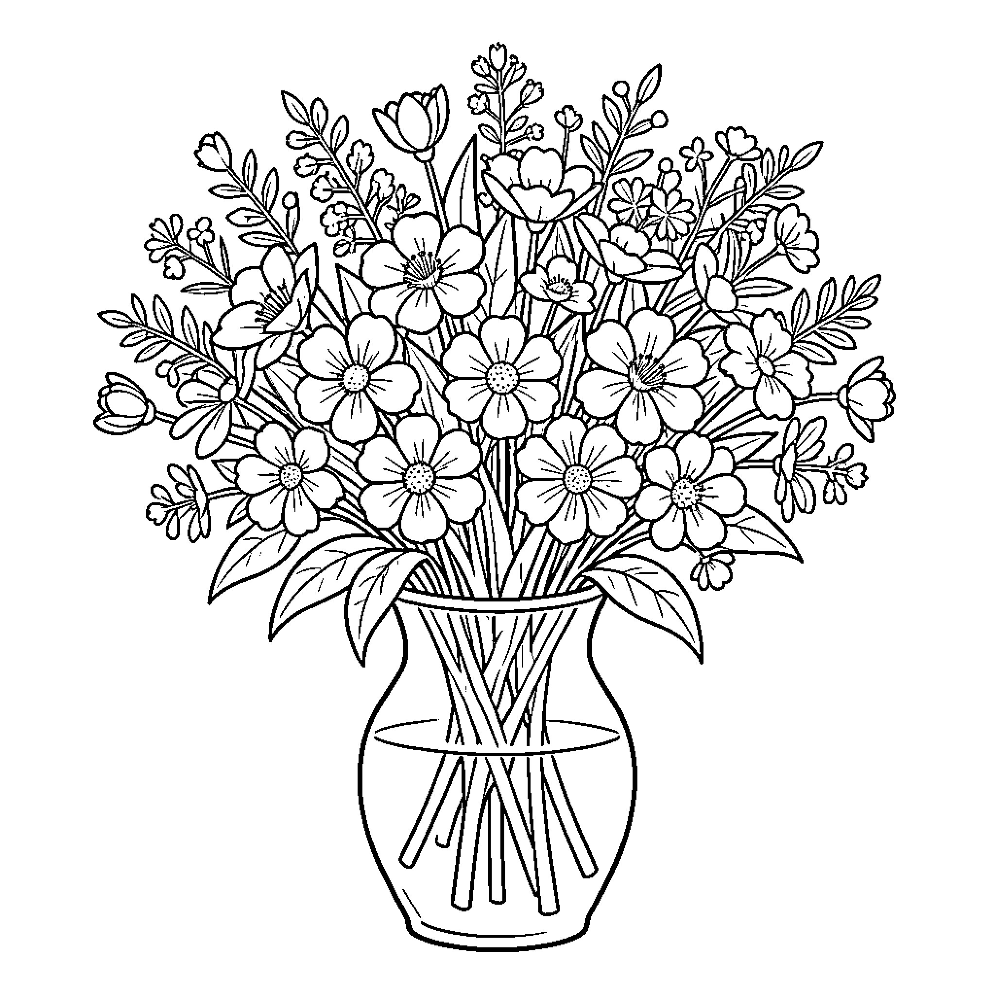 Flower bouquet arranged neatly in a glass vase Coloring Page (free black-and-white line drawing printable PDF for all, from beginners to advanced learners, including children, teens, adults, and seniors)