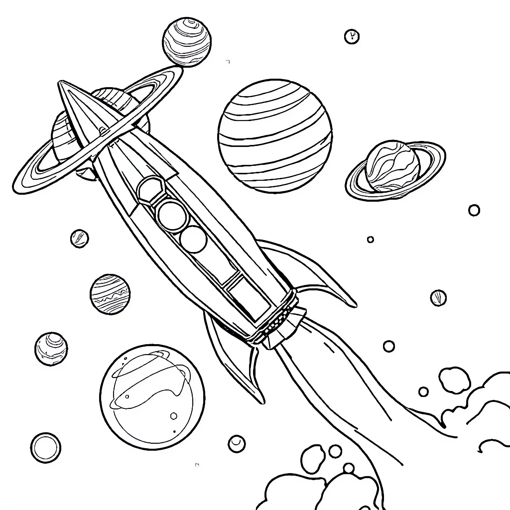 Rocket blasting off among planetary bodies Coloring Page (free black-and-white line drawing printable PDF for all, from beginners to advanced learners, including children, teens, adults, and seniors)