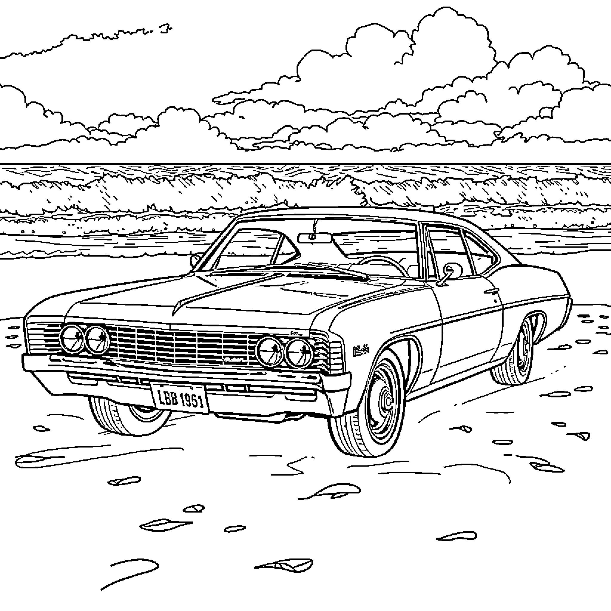 Chevrolet classic car driving on beach Coloring Page (free black-and-white line drawing printable PDF for all, from beginners to advanced learners, including children, teens, adults, and seniors)