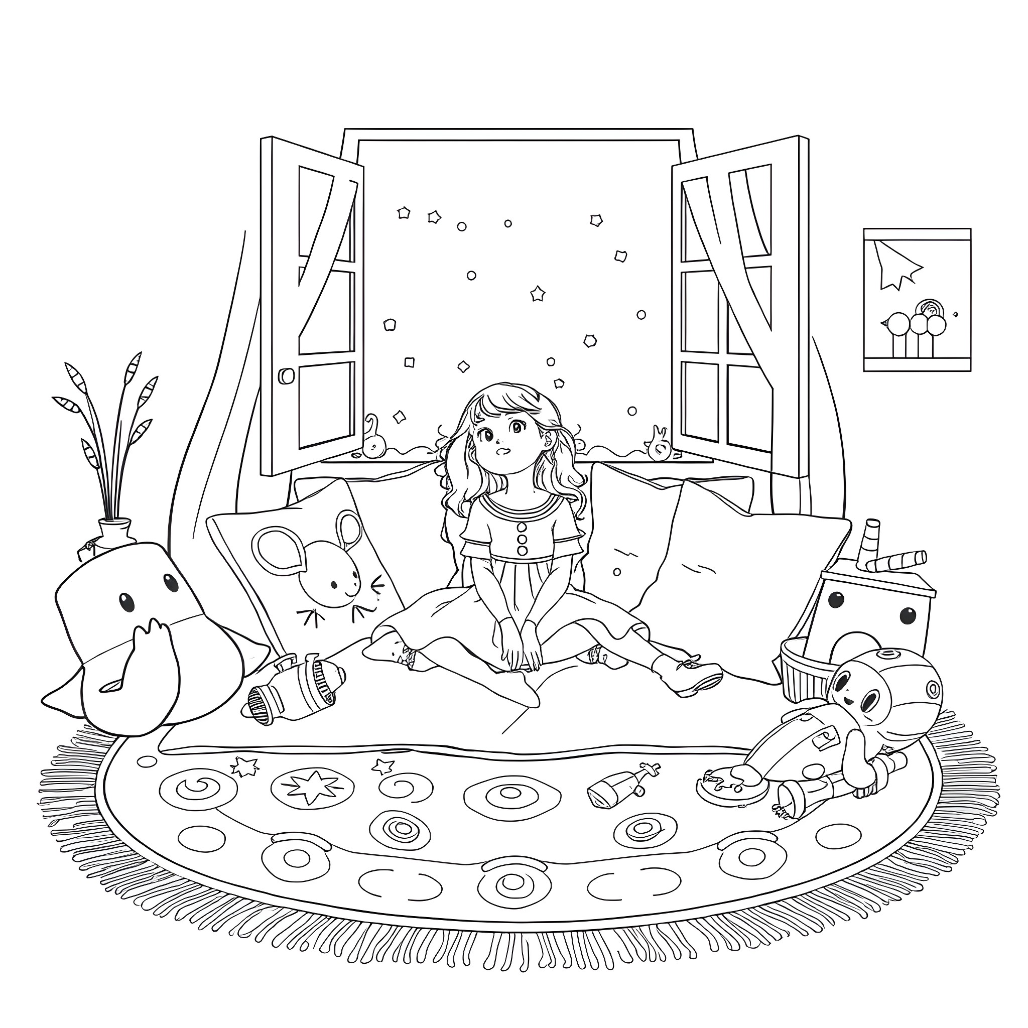 Girl playing with toys in her cozy room Coloring Page (free black-and-white line drawing printable PDF for all, from beginners to advanced learners, including children, teens, adults, and seniors)