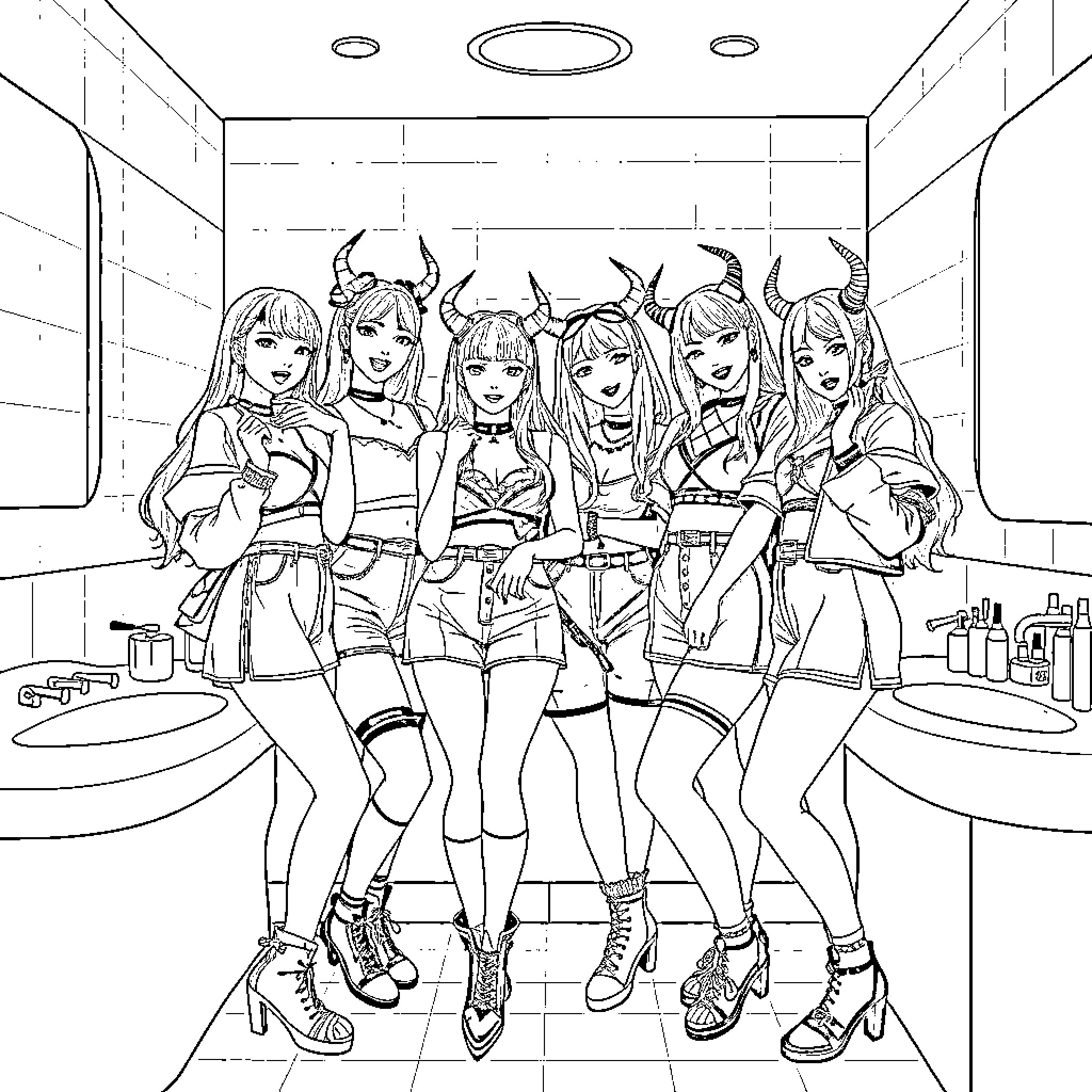 Girl group posing in stylish outfits Coloring Page (free black-and-white line drawing printable PDF for all, from beginners to advanced learners, including children, teens, adults, and seniors)